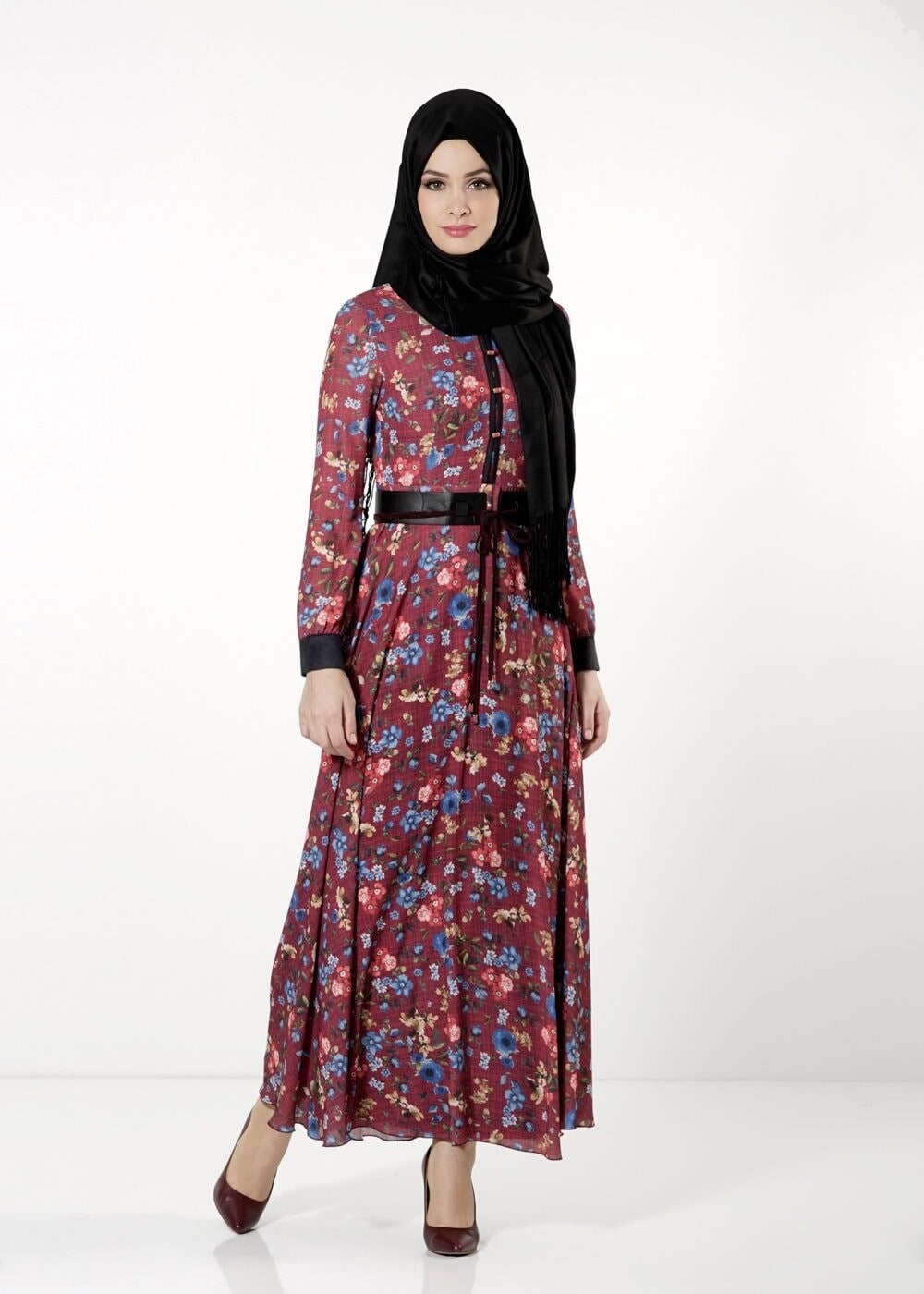 Tesettür giyim BORDO DESENLİ ELBİSE 4059 
