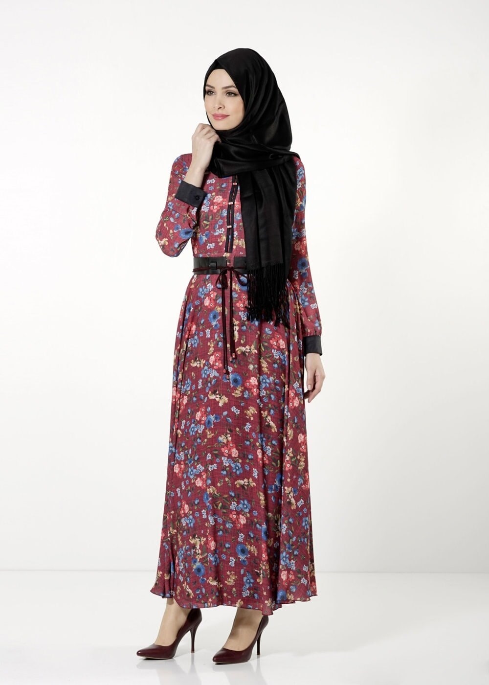 Tesettür giyim BORDO DESENLİ ELBİSE 4059 