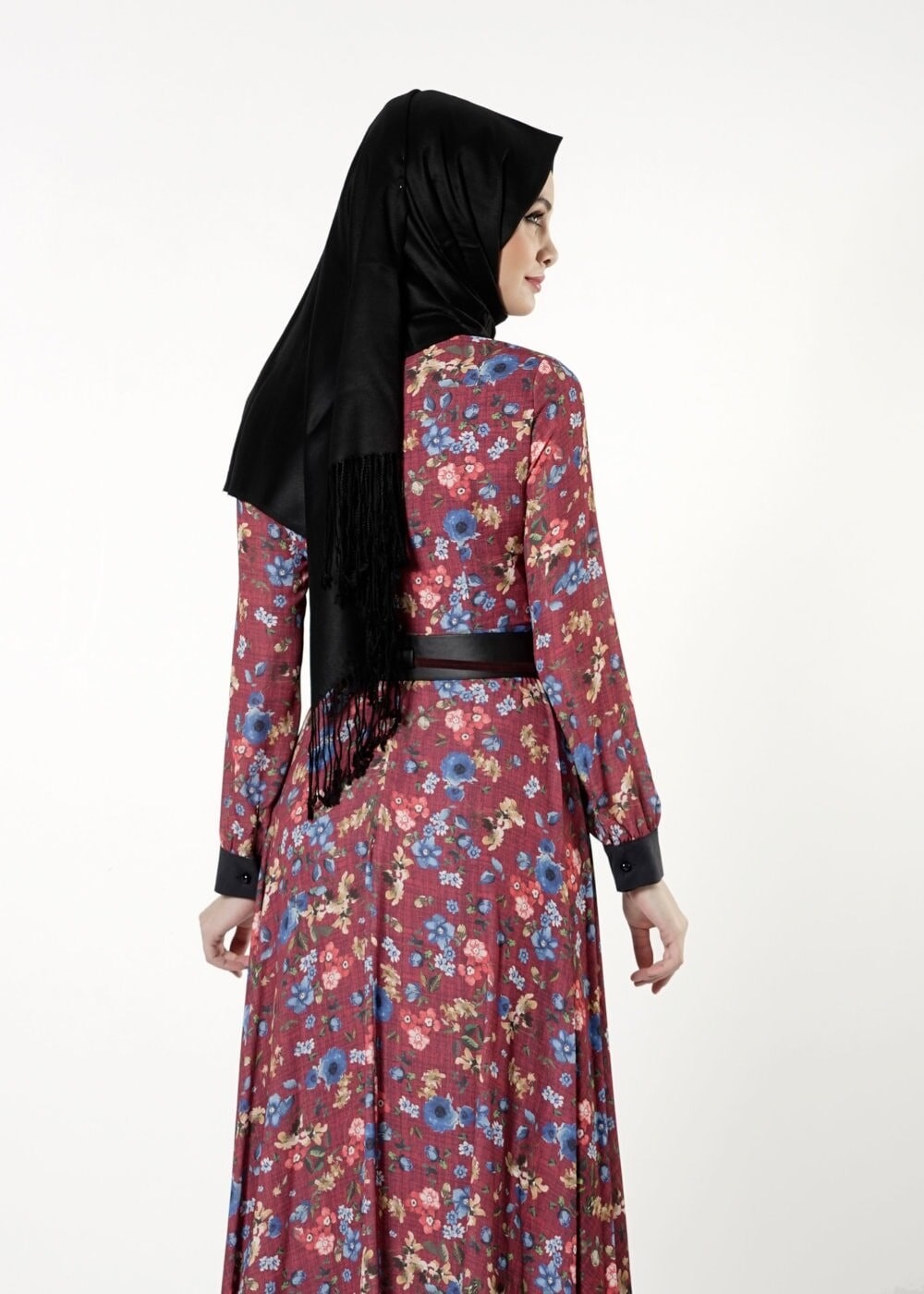 Tesettür giyim BORDO DESENLİ ELBİSE 4059 