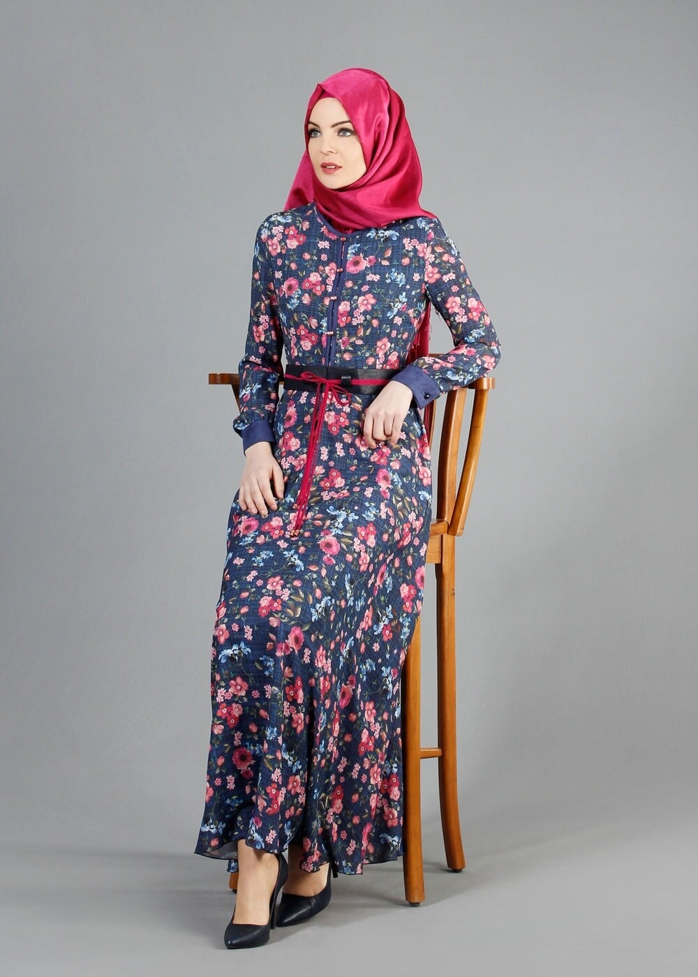 Tesettür giyim LACİVERT DESENLİ ELBİSE 4059 