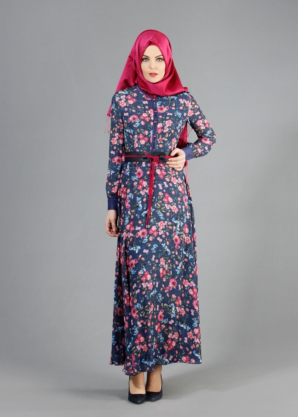 Tesettür giyim LACİVERT DESENLİ ELBİSE 4059 