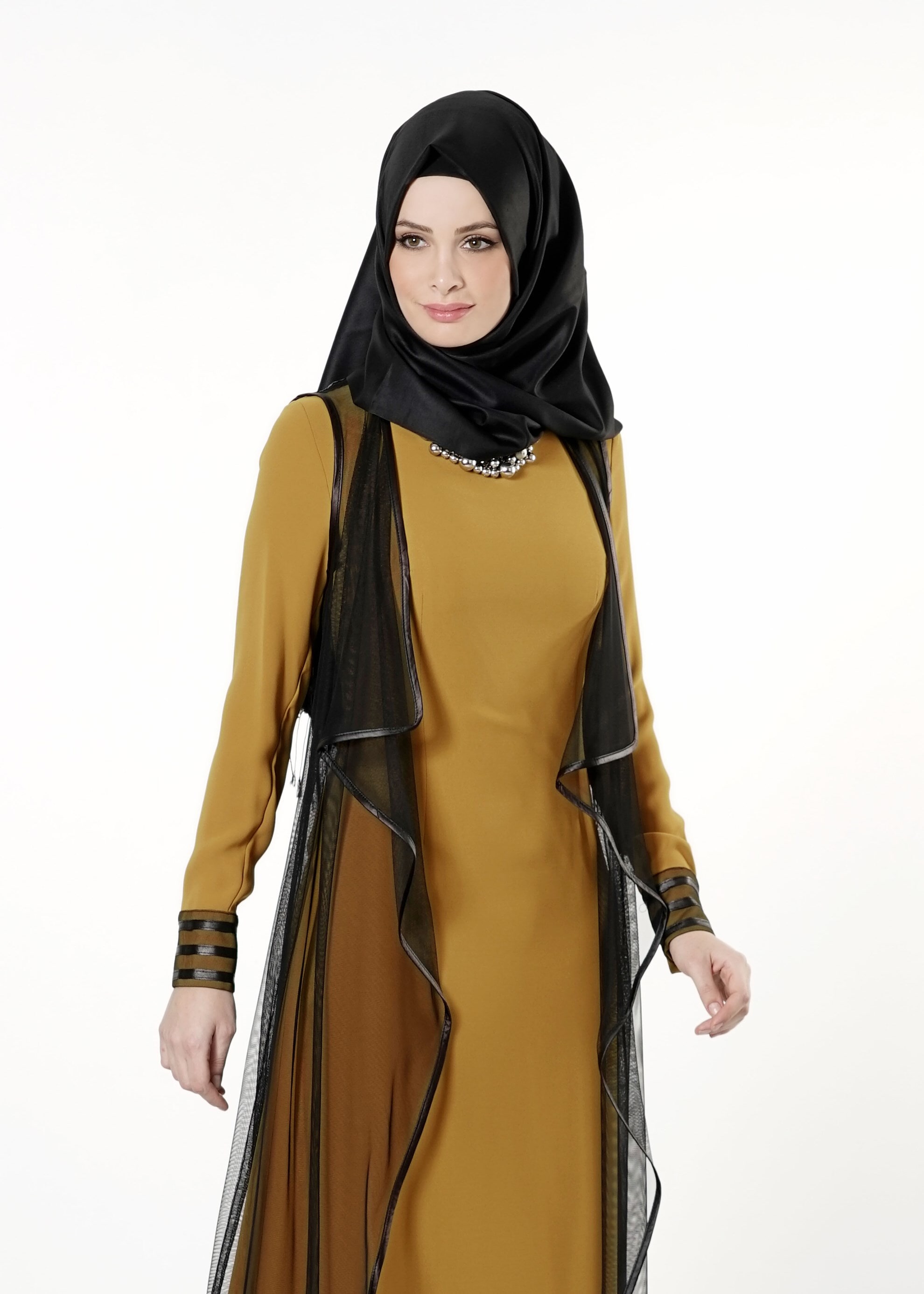 Tesettür giyim SARI ŞİFON YELEKLİ ELBİSE 4075 