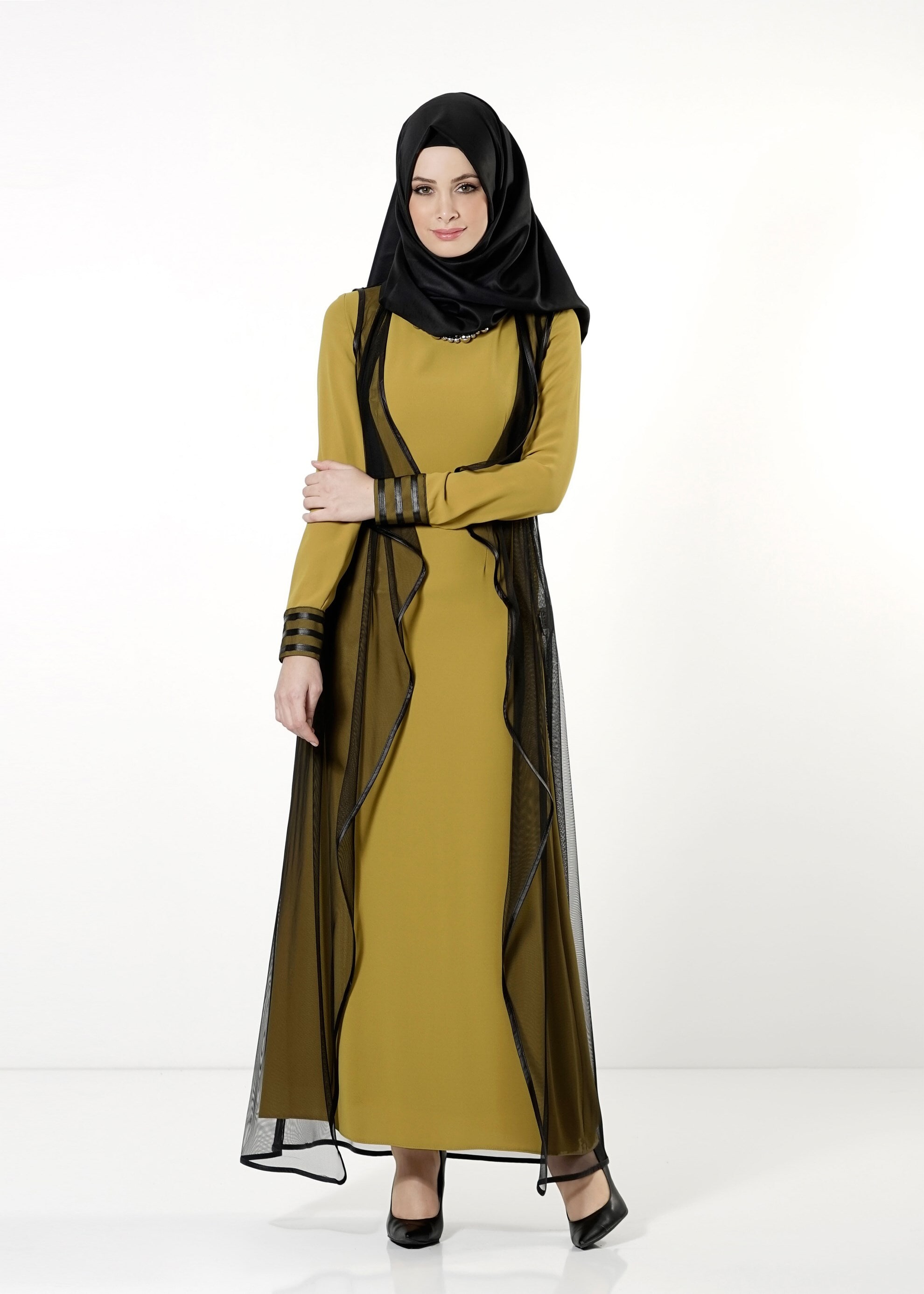 Tesettür giyim YEŞİL ŞİFON YELEKLİ ELBİSE 4075 