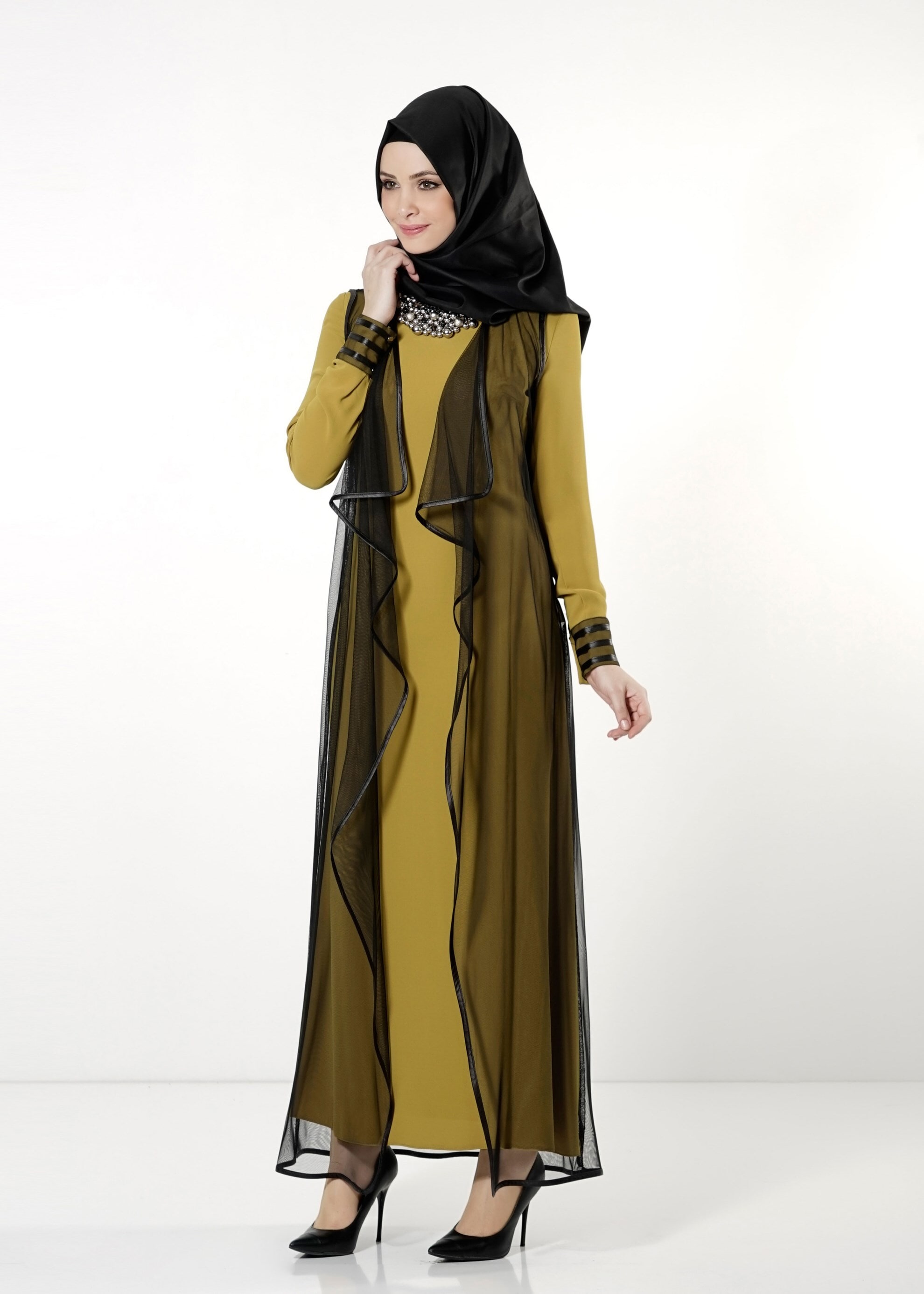 Tesettür giyim YEŞİL ŞİFON YELEKLİ ELBİSE 4075 