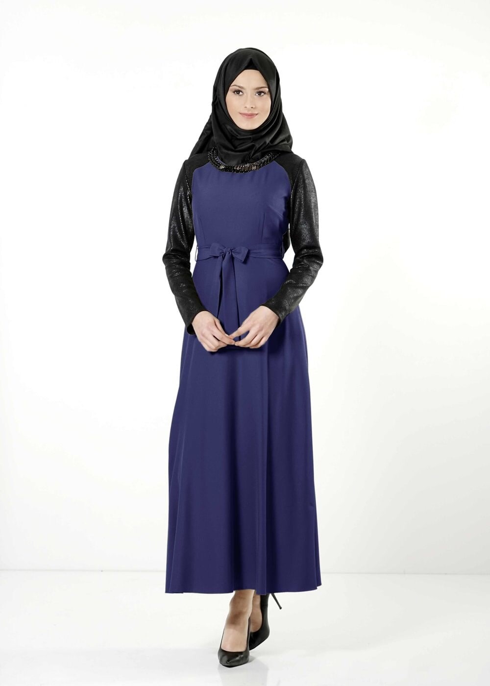 Tesettür giyim LACİVERT BELDEN BAĞLAMALI ELBİSE 4100