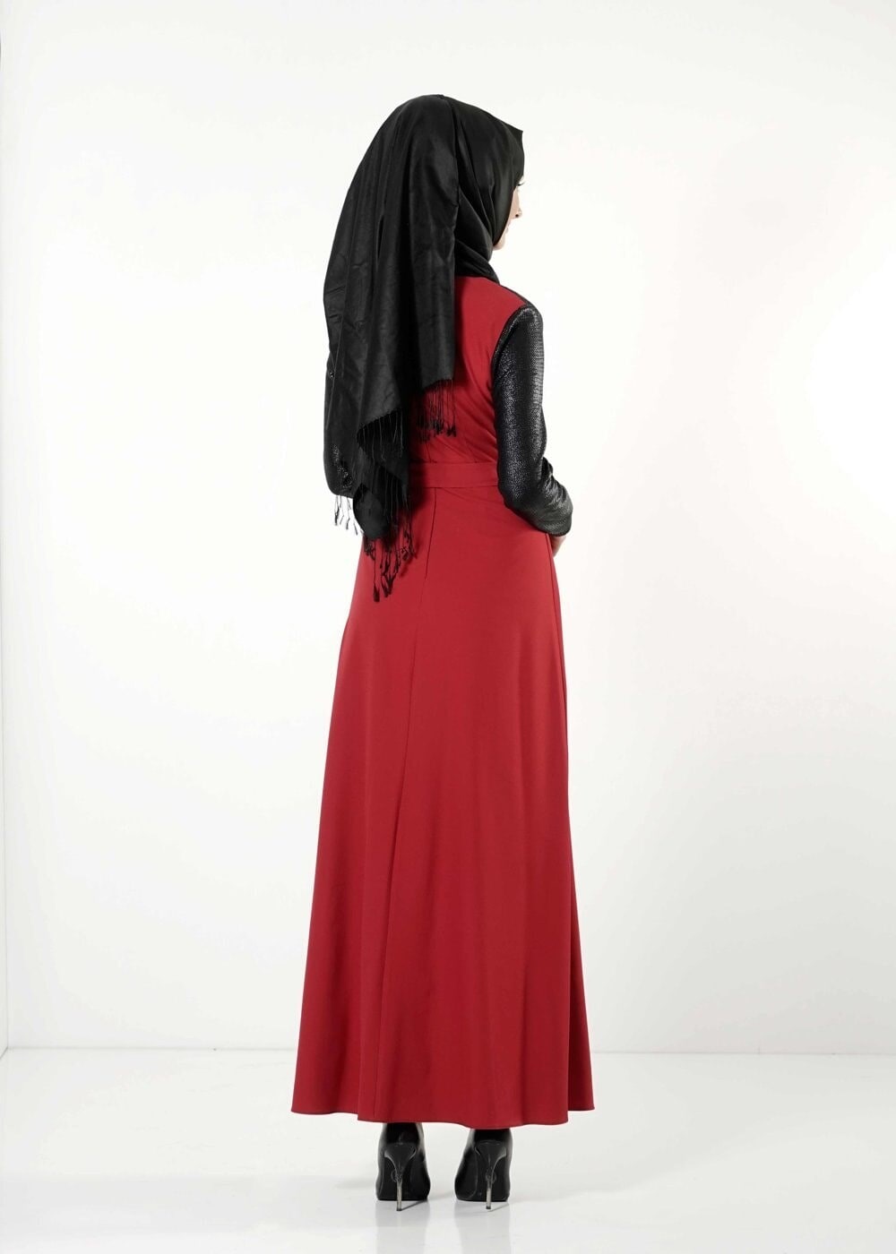 Tesettür giyim BORDO BELDEN BAĞLAMALI ELBİSE 4100