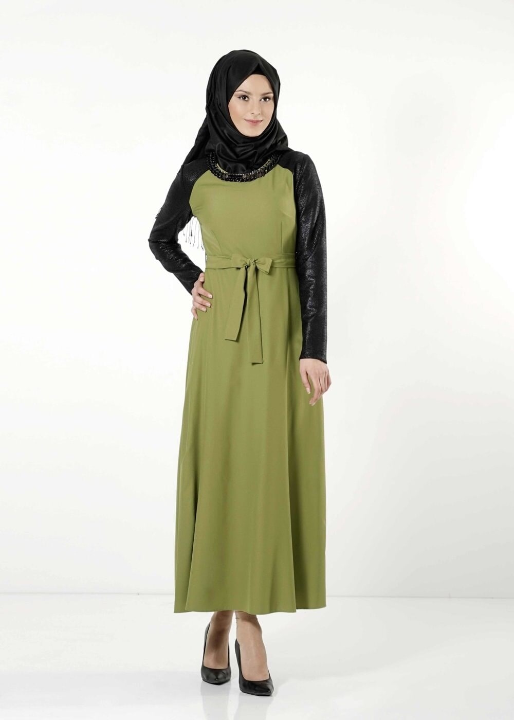 Tesettür giyim YEŞİL BELDEN BAĞLAMALI ELBİSE 4100