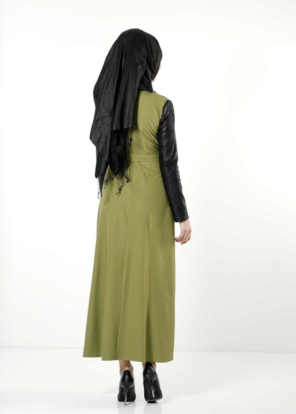 Tesettür giyim YEŞİL BELDEN BAĞLAMALI ELBİSE 4100