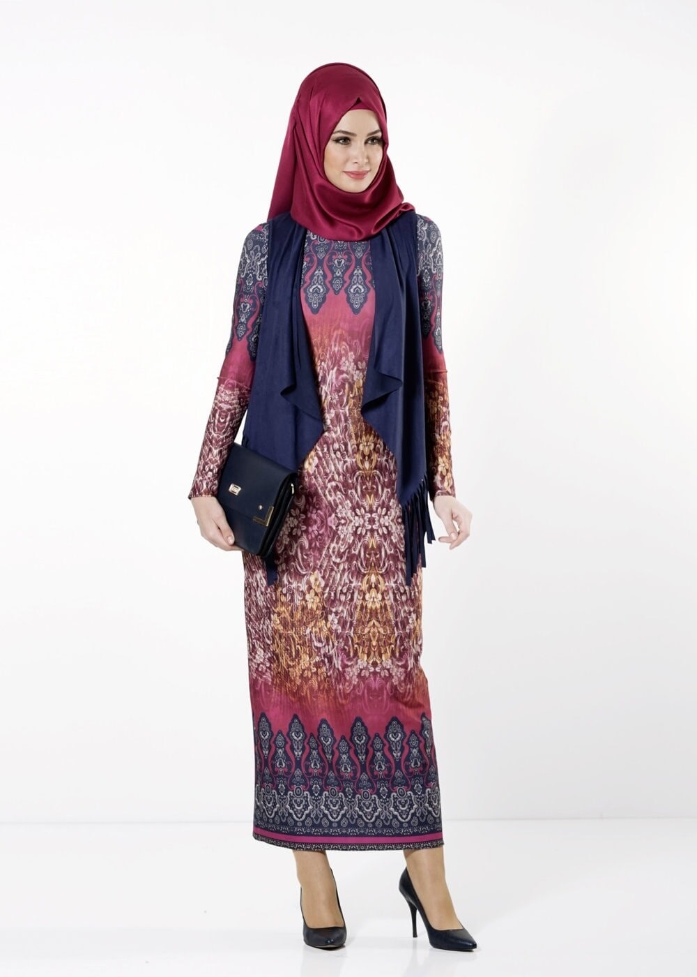 Tesettür giyim FUŞYA YELEKLİ ETNİK DESENLİ ELBİSE 4149 