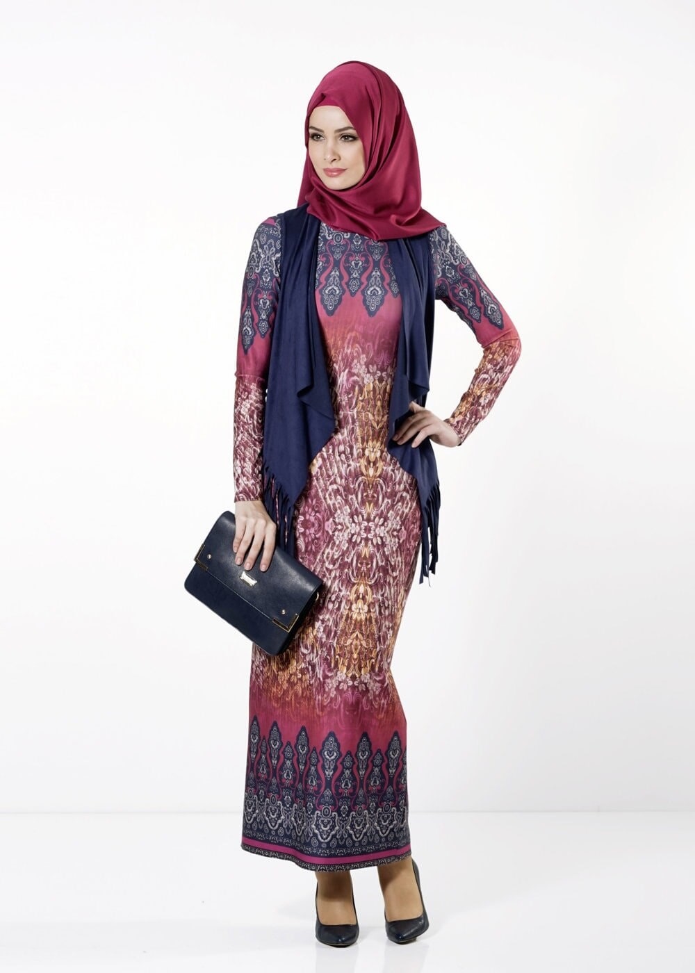 Tesettür giyim FUŞYA YELEKLİ ETNİK DESENLİ ELBİSE 4149 