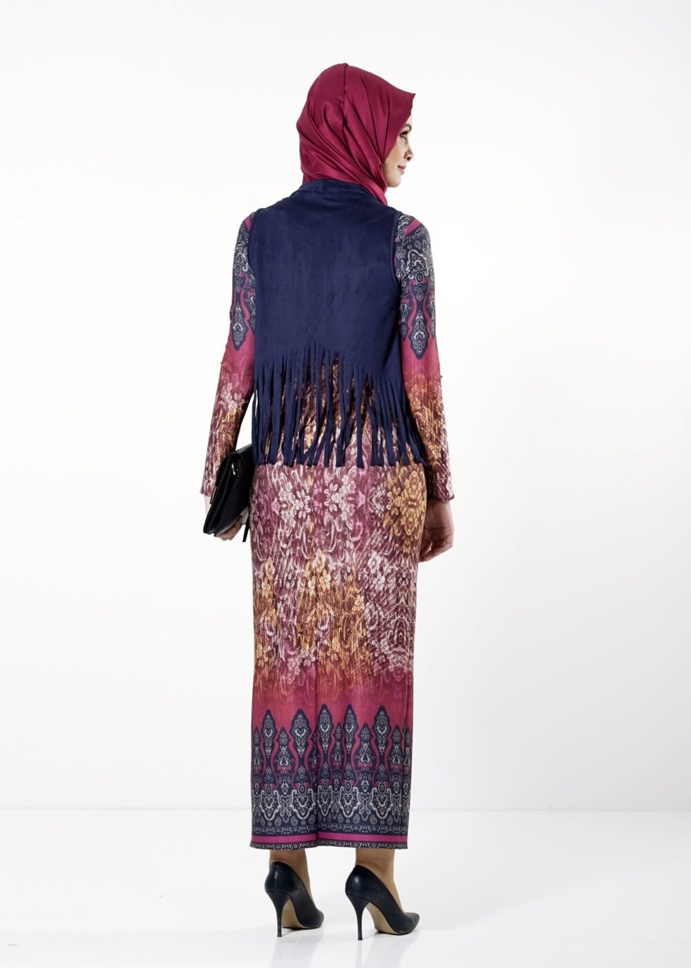 Tesettür giyim FUŞYA YELEKLİ ETNİK DESENLİ ELBİSE 4149 