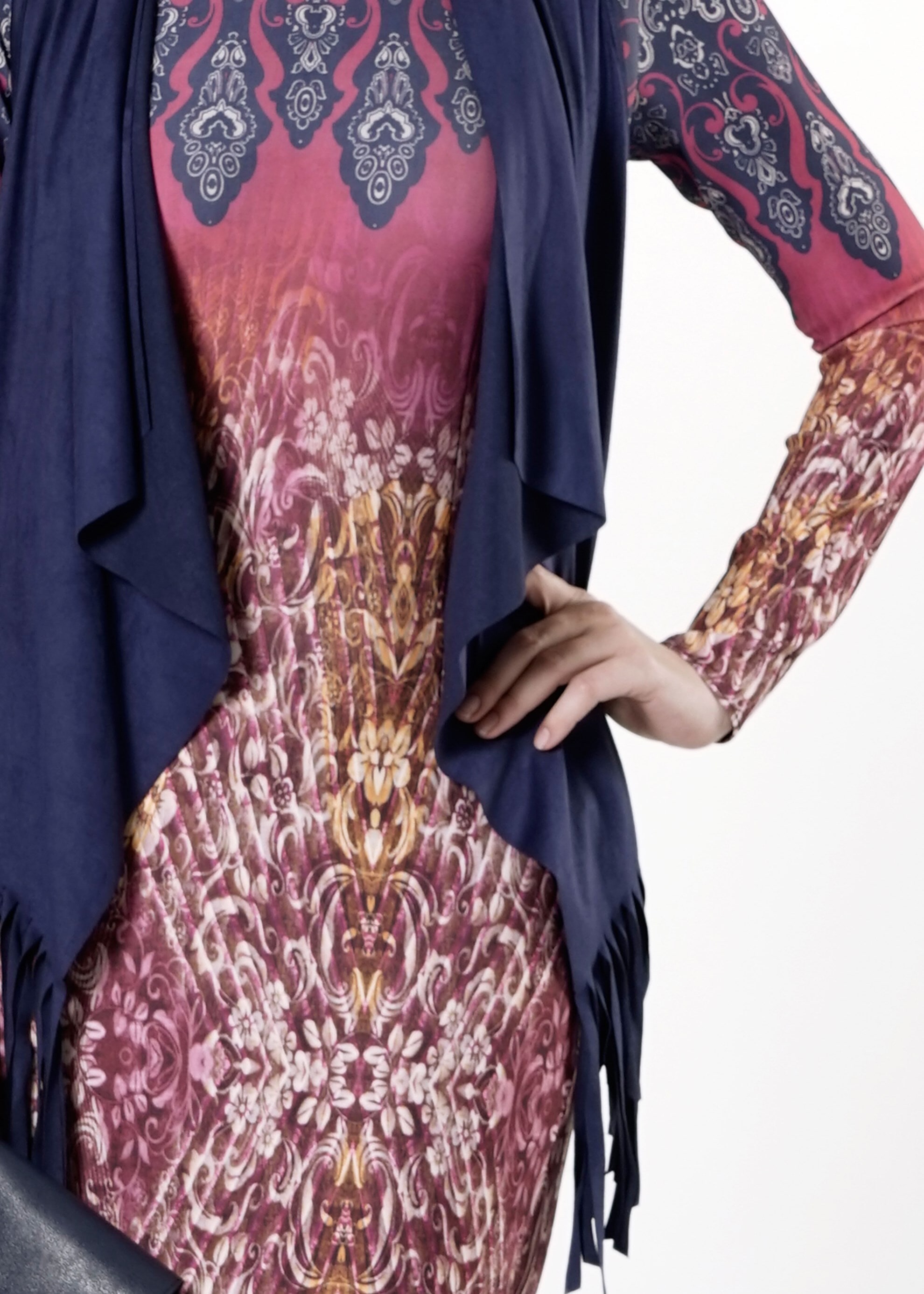 Tesettür giyim FUŞYA YELEKLİ ETNİK DESENLİ ELBİSE 4149 