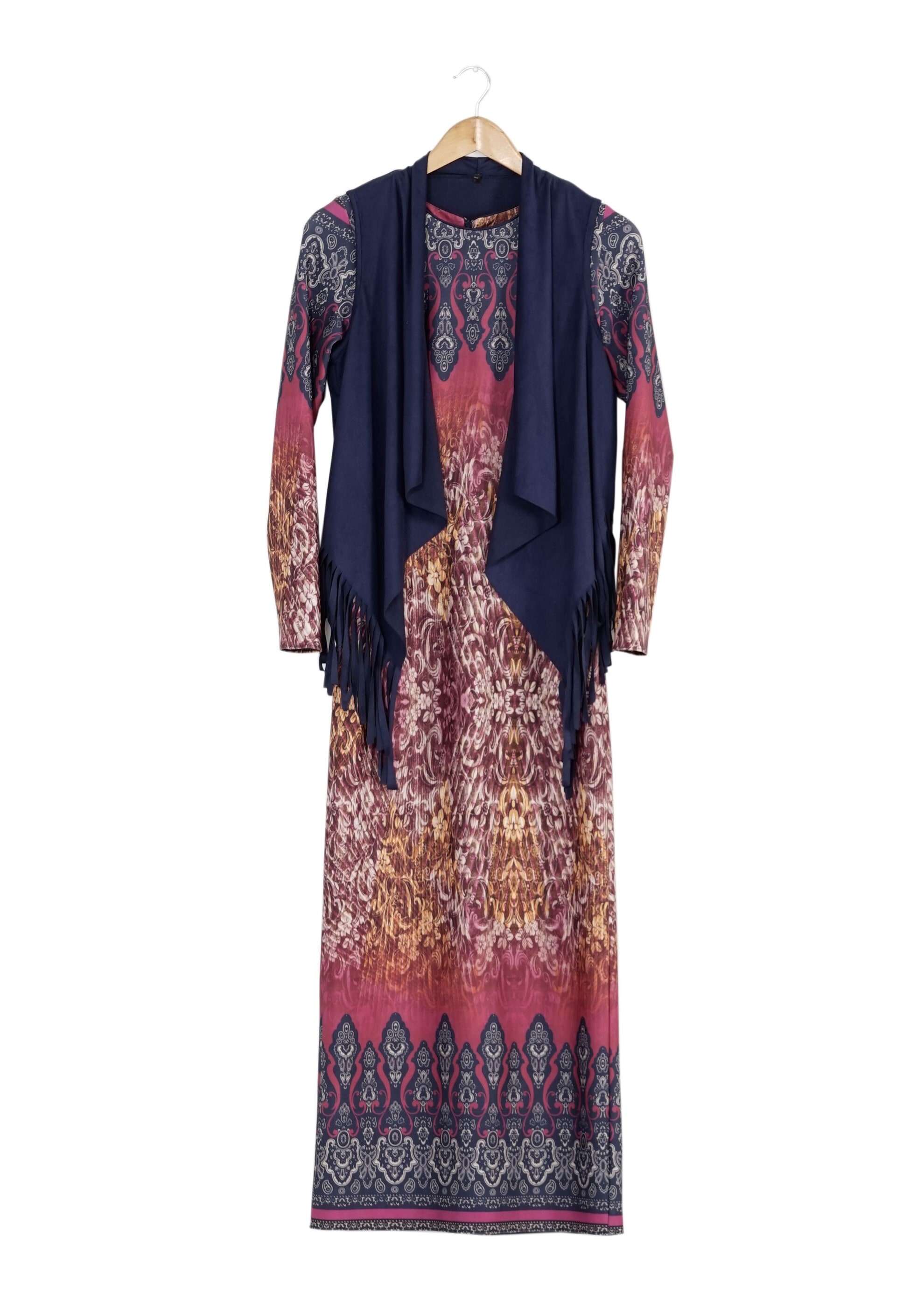 Tesettür giyim FUŞYA YELEKLİ ETNİK DESENLİ ELBİSE 4149 