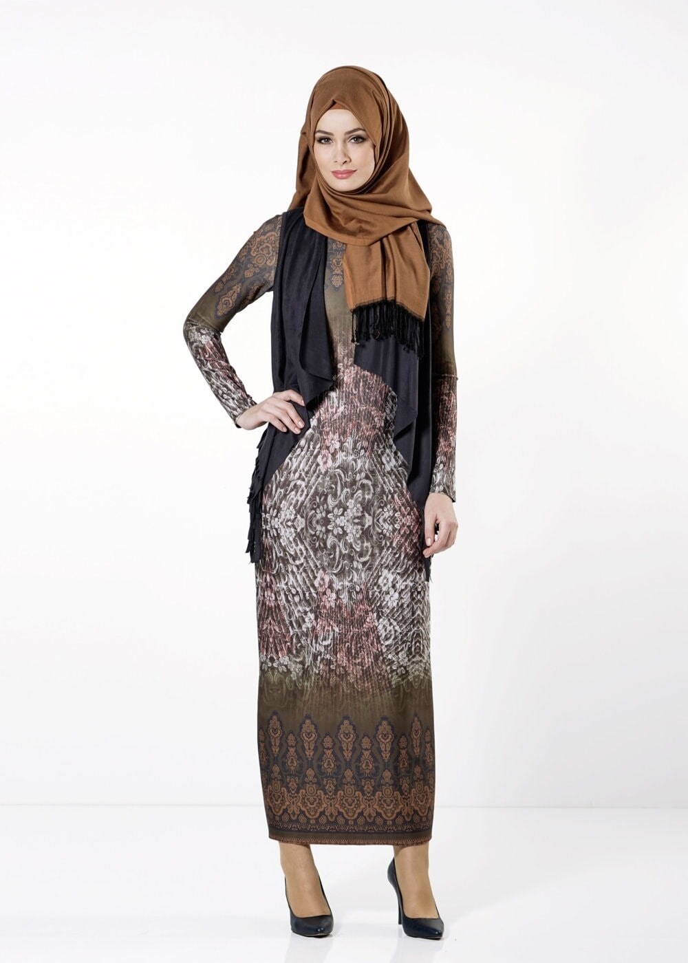 Tesettür giyim HAKİ YELEKLİ ETNİK DESENLİ ELBİSE 4149 