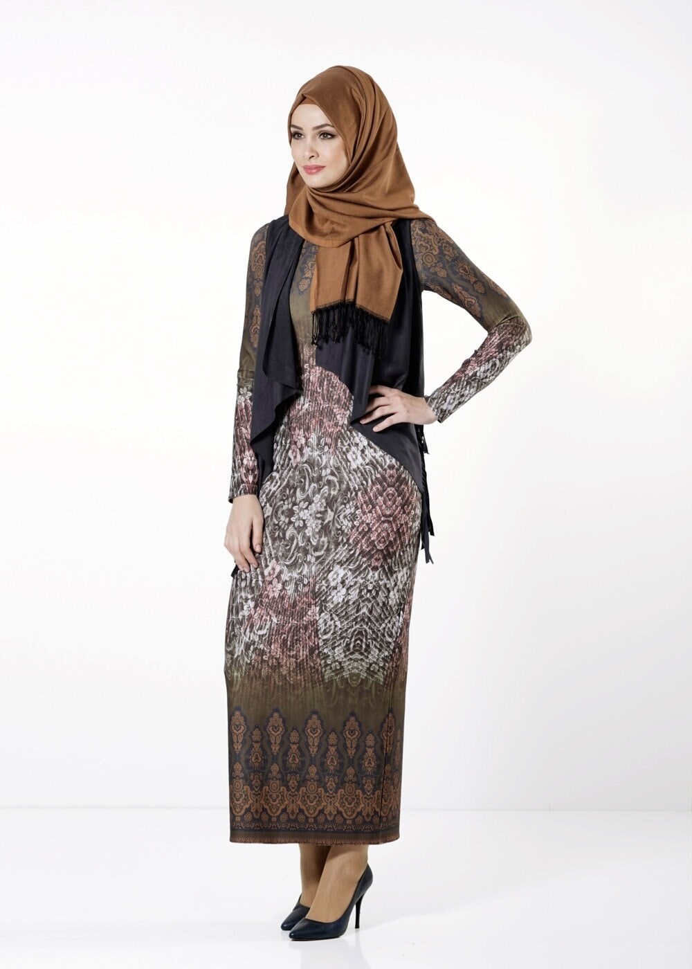 Tesettür giyim HAKİ YELEKLİ ETNİK DESENLİ ELBİSE 4149 
