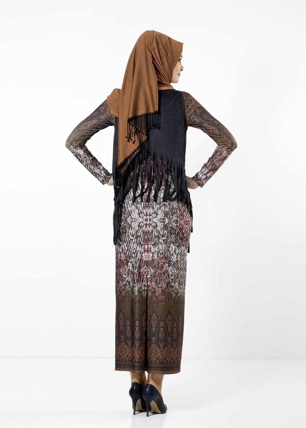 Tesettür giyim HAKİ YELEKLİ ETNİK DESENLİ ELBİSE 4149 