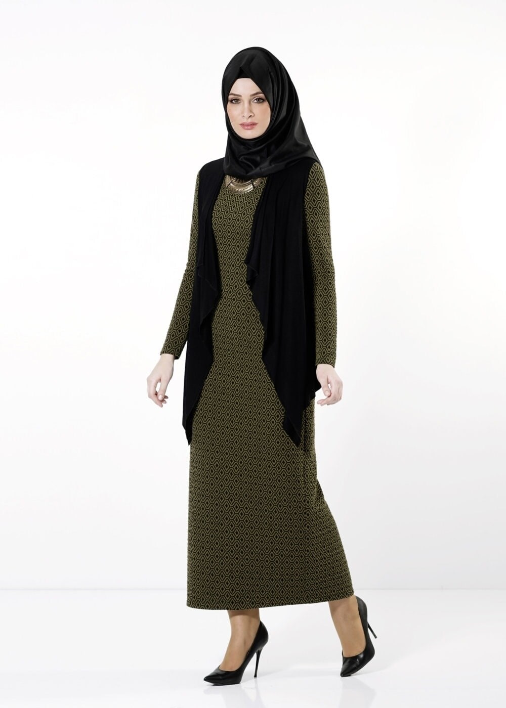 Tesettür giyim YEŞİL YELEKLİ DESENLİ ELBİSE 4163 