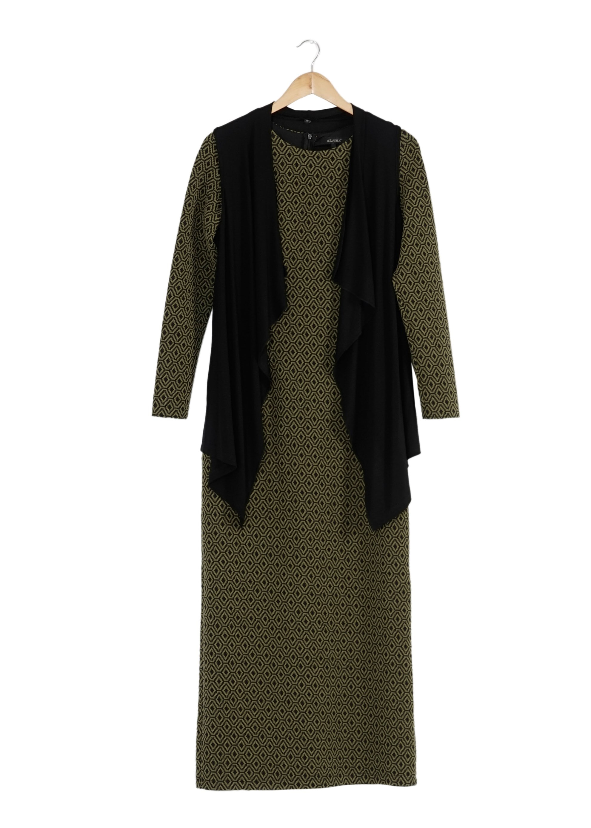 Tesettür giyim YEŞİL YELEKLİ DESENLİ ELBİSE 4163 