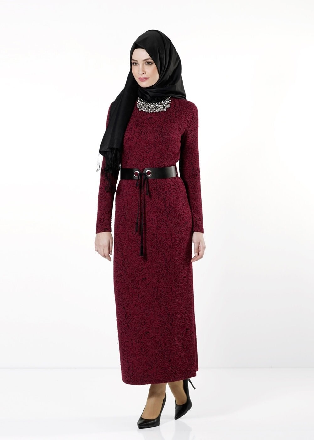 Tesettür giyim BORDO DESENLİ ELBİSE 4183 