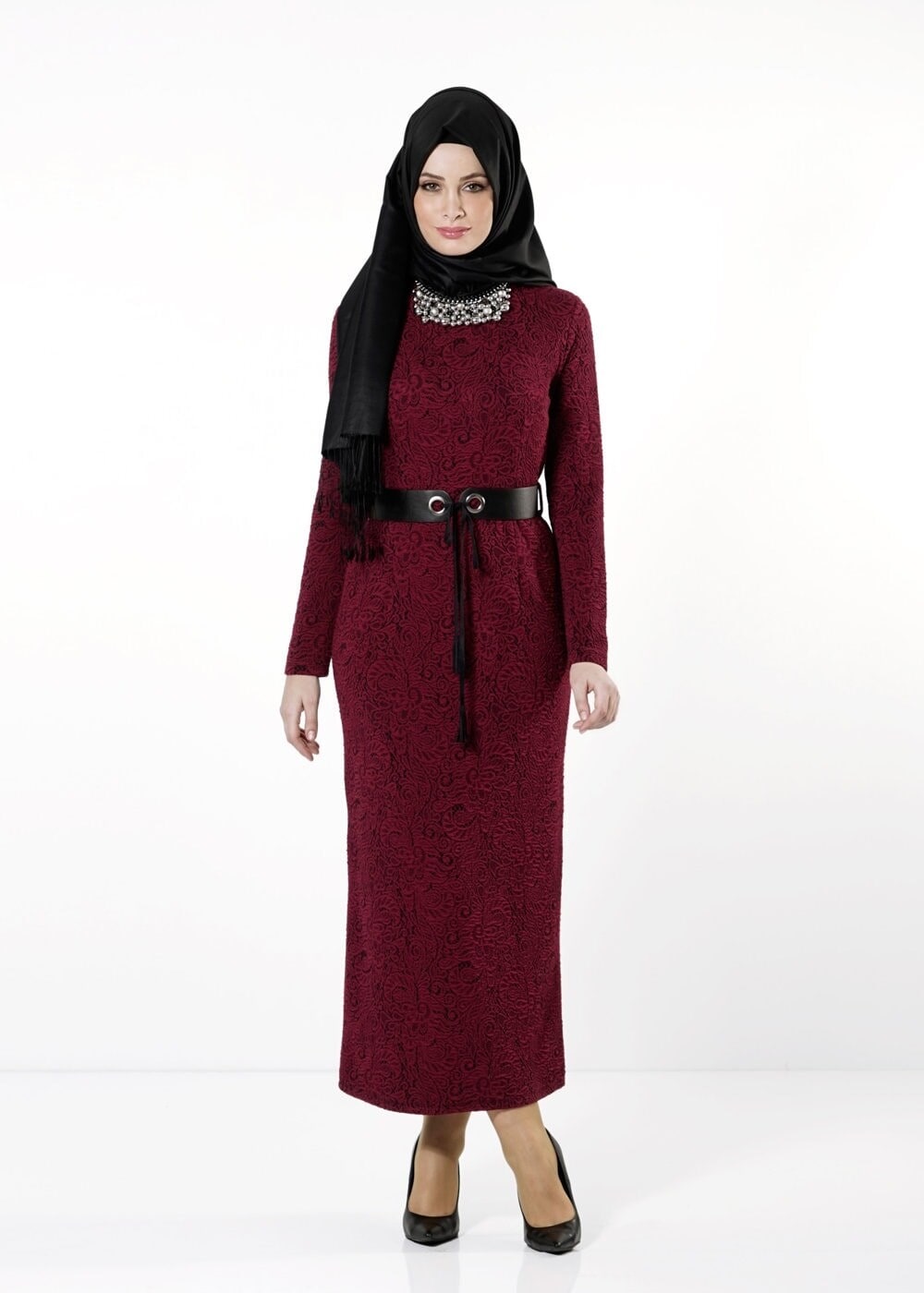 Tesettür giyim BORDO DESENLİ ELBİSE 4183 