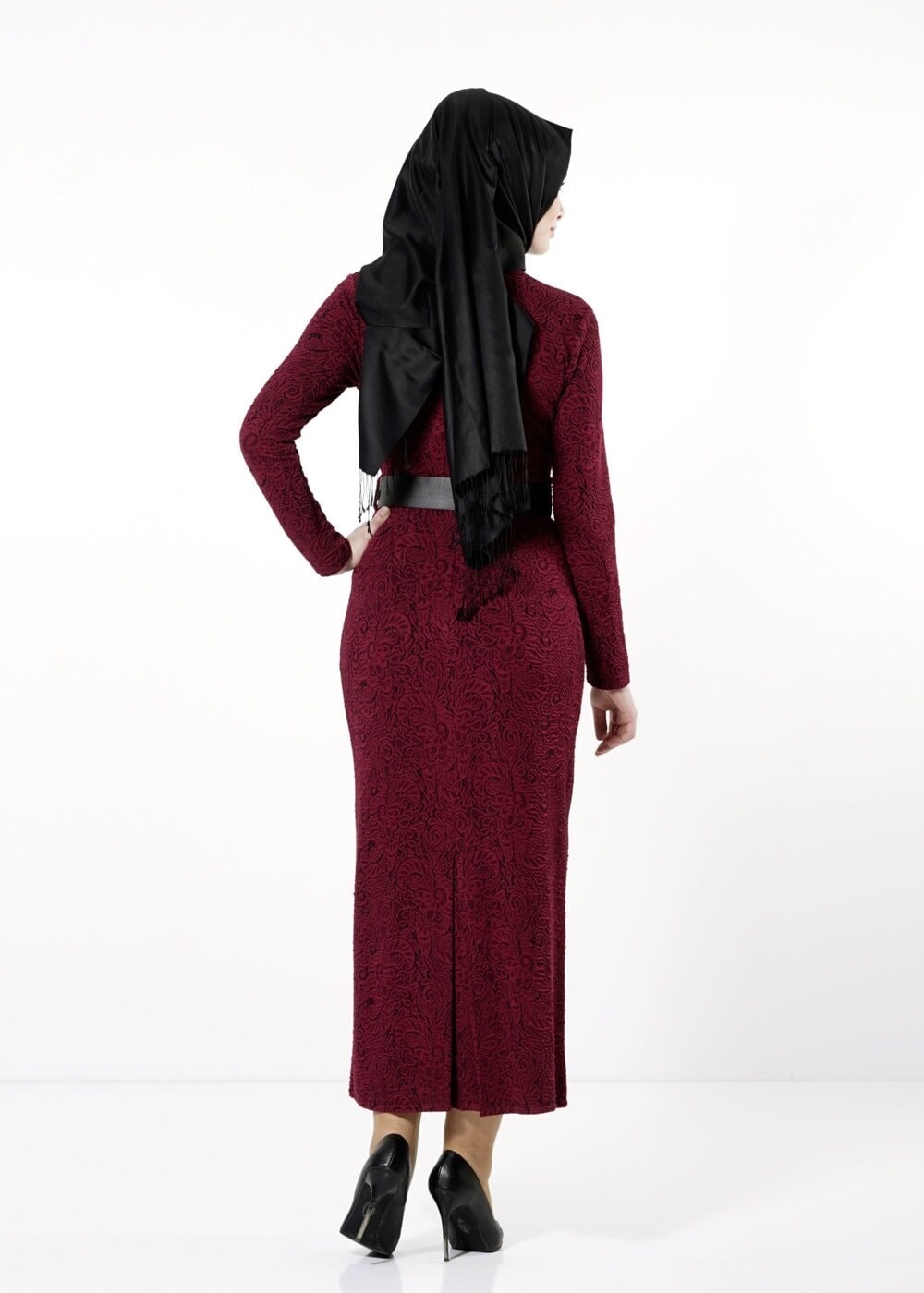Tesettür giyim BORDO DESENLİ ELBİSE 4183 