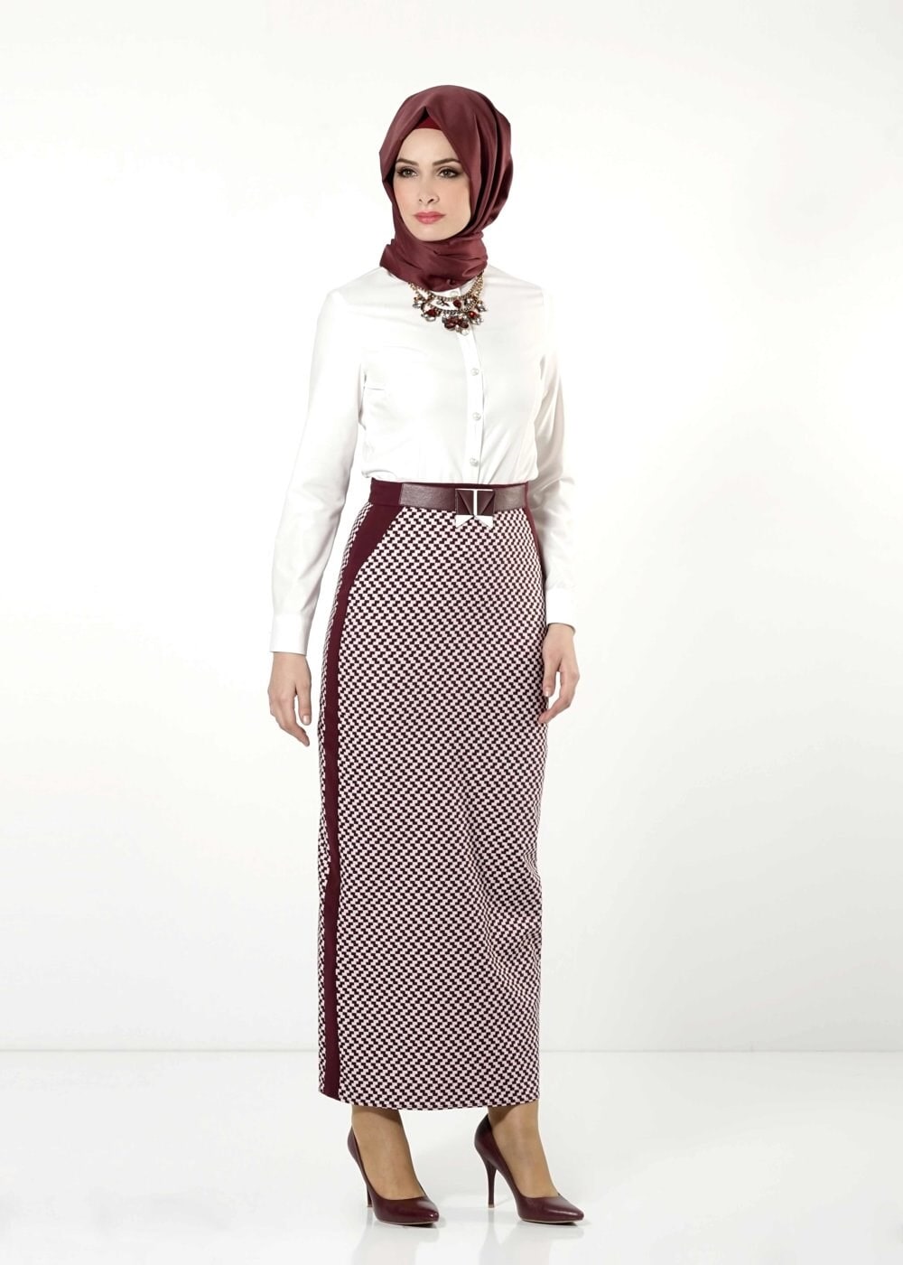 Tesettür giyim BORDO DESENLİ ETEK 6762 