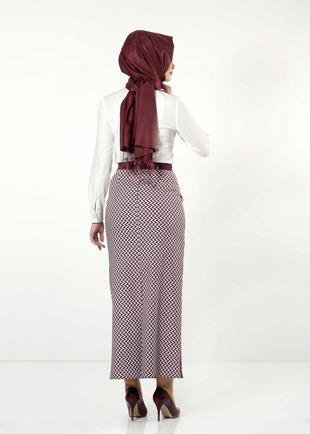 Tesettür giyim BORDO DESENLİ ETEK 6762 