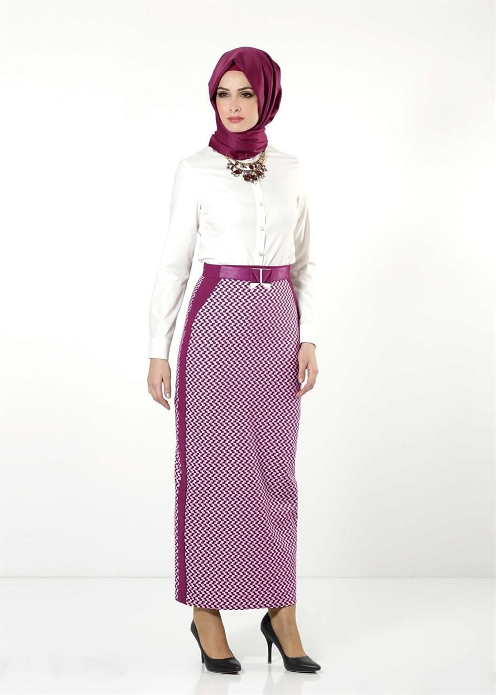 Tesettür giyim FUŞYA DESENLİ ETEK 6762 