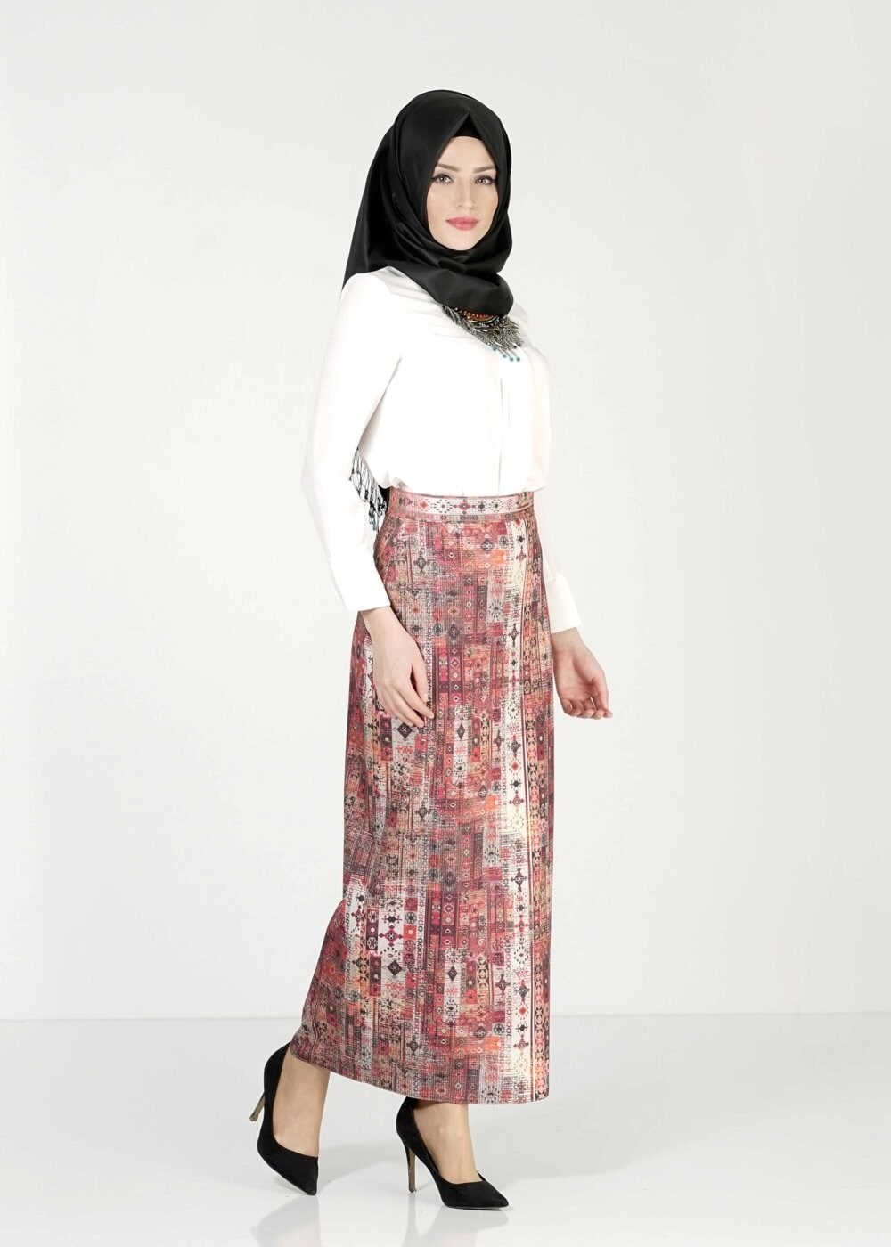 Tesettür giyim BORDO DESENLİ ETEK 6764 