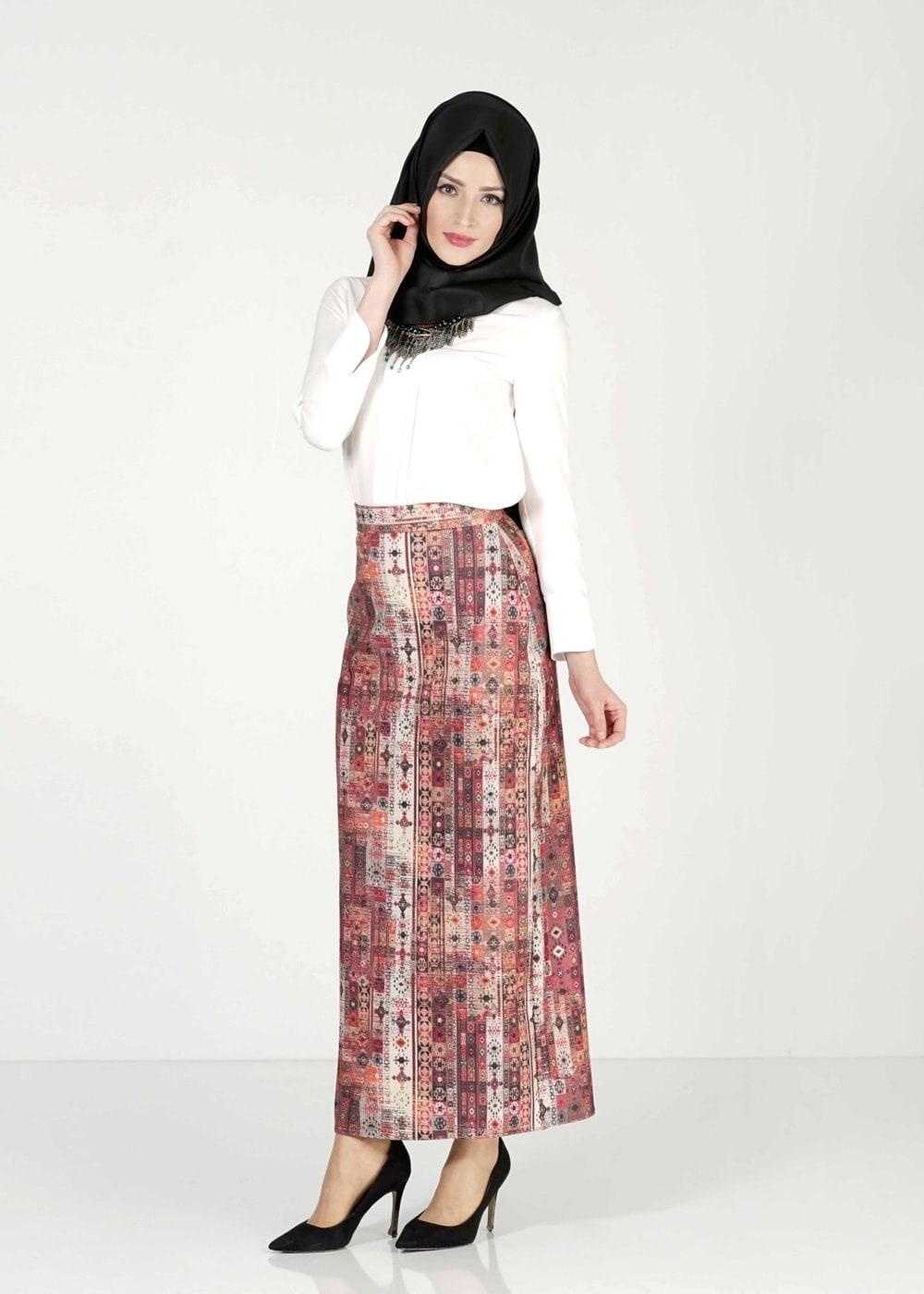 Tesettür giyim BORDO DESENLİ ETEK 6764 