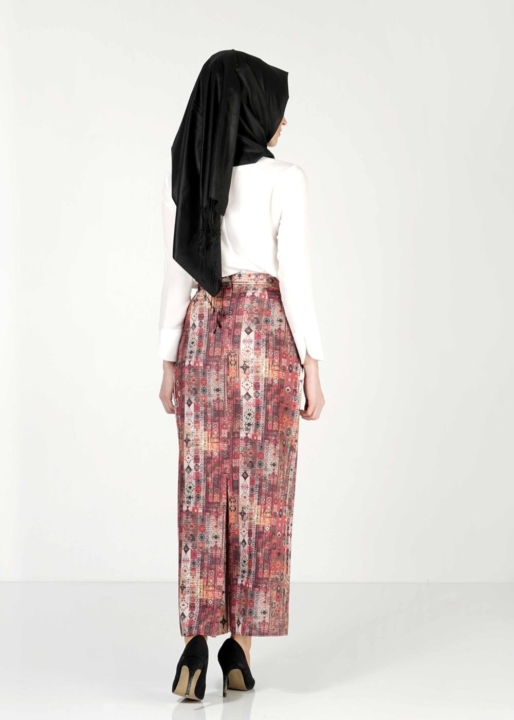 Tesettür giyim BORDO DESENLİ ETEK 6764 