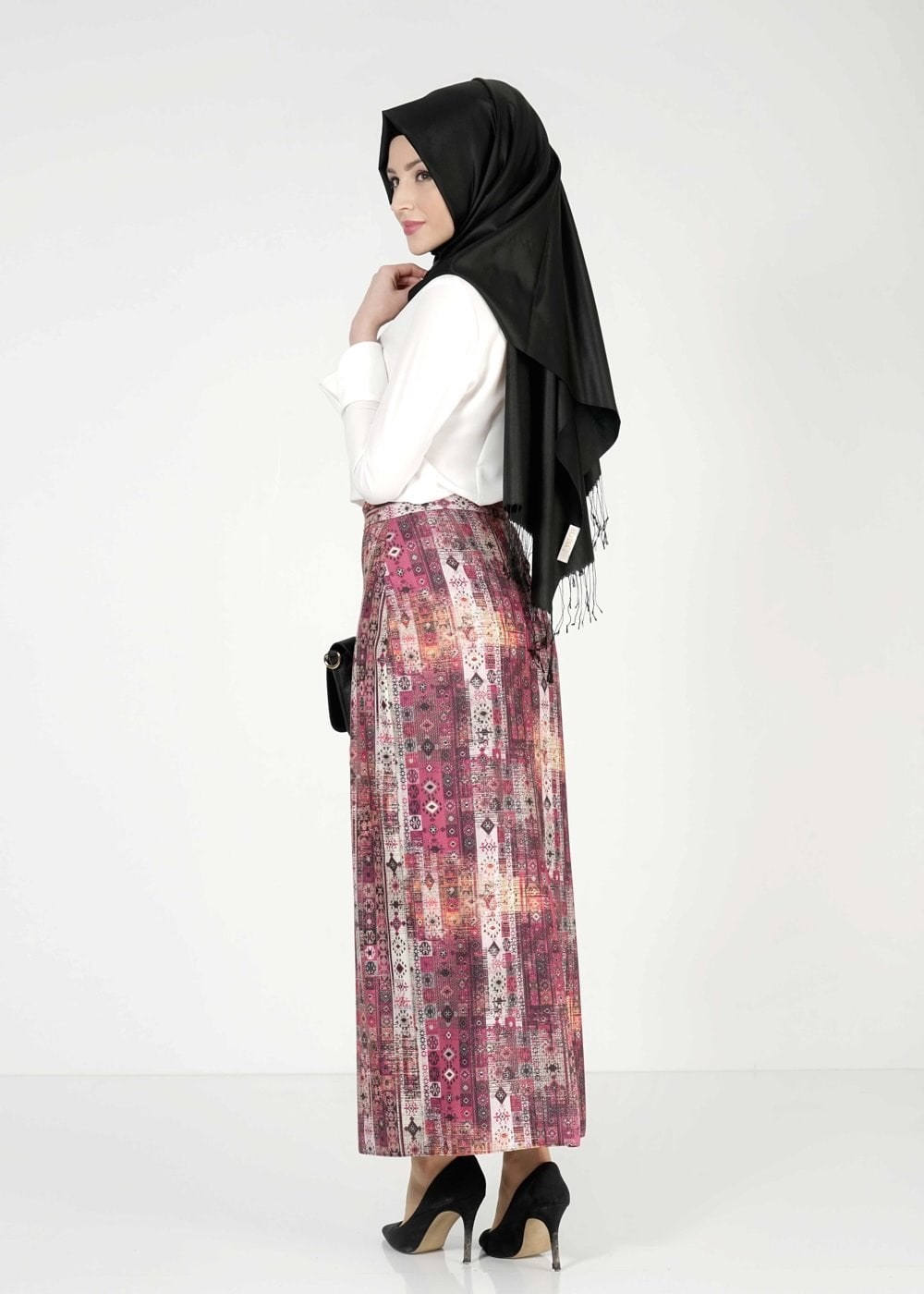 Tesettür giyim FUŞYA DESENLİ ETEK 6764 