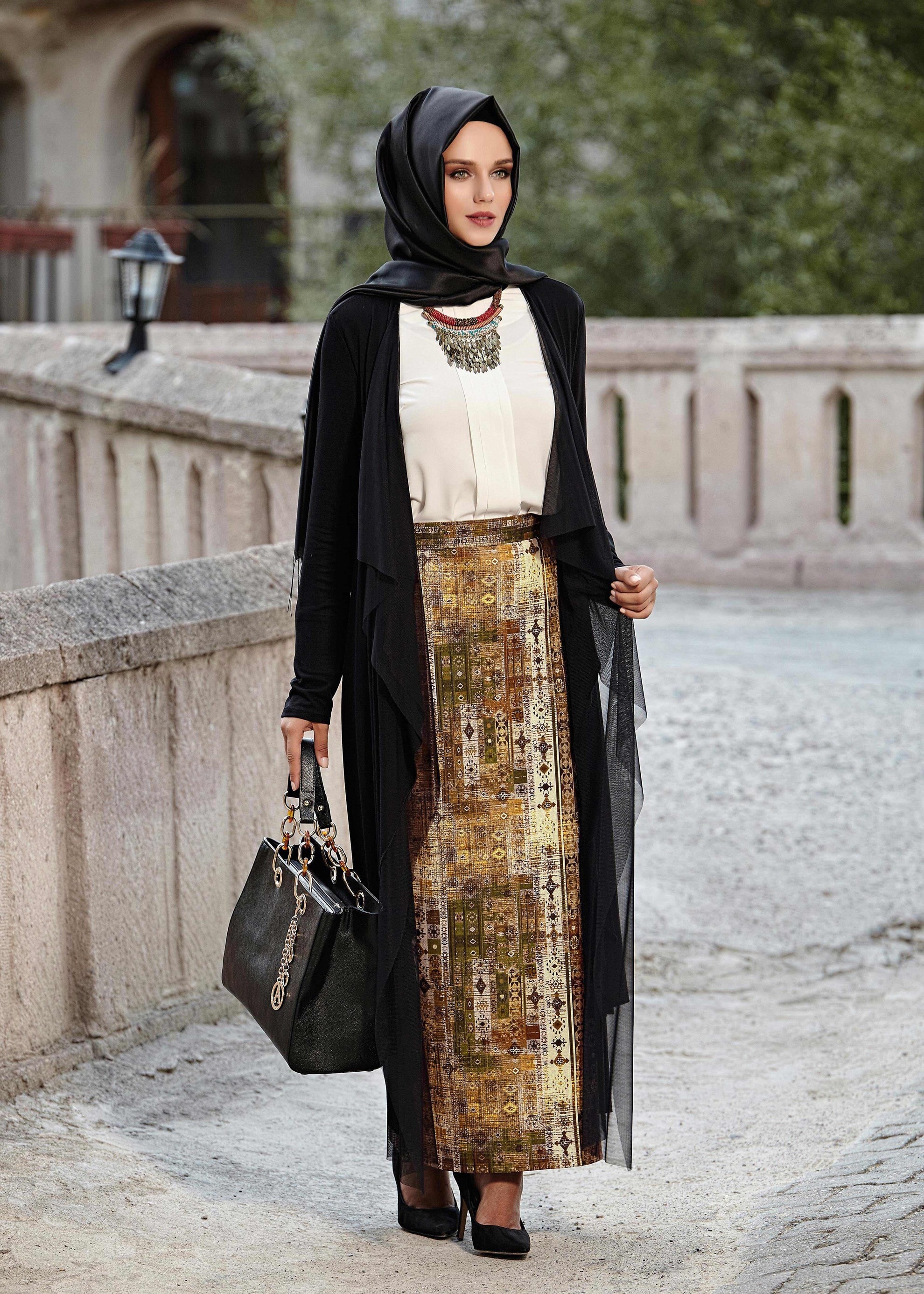 Tesettür giyim HAKİ DESENLİ ETEK 6764 