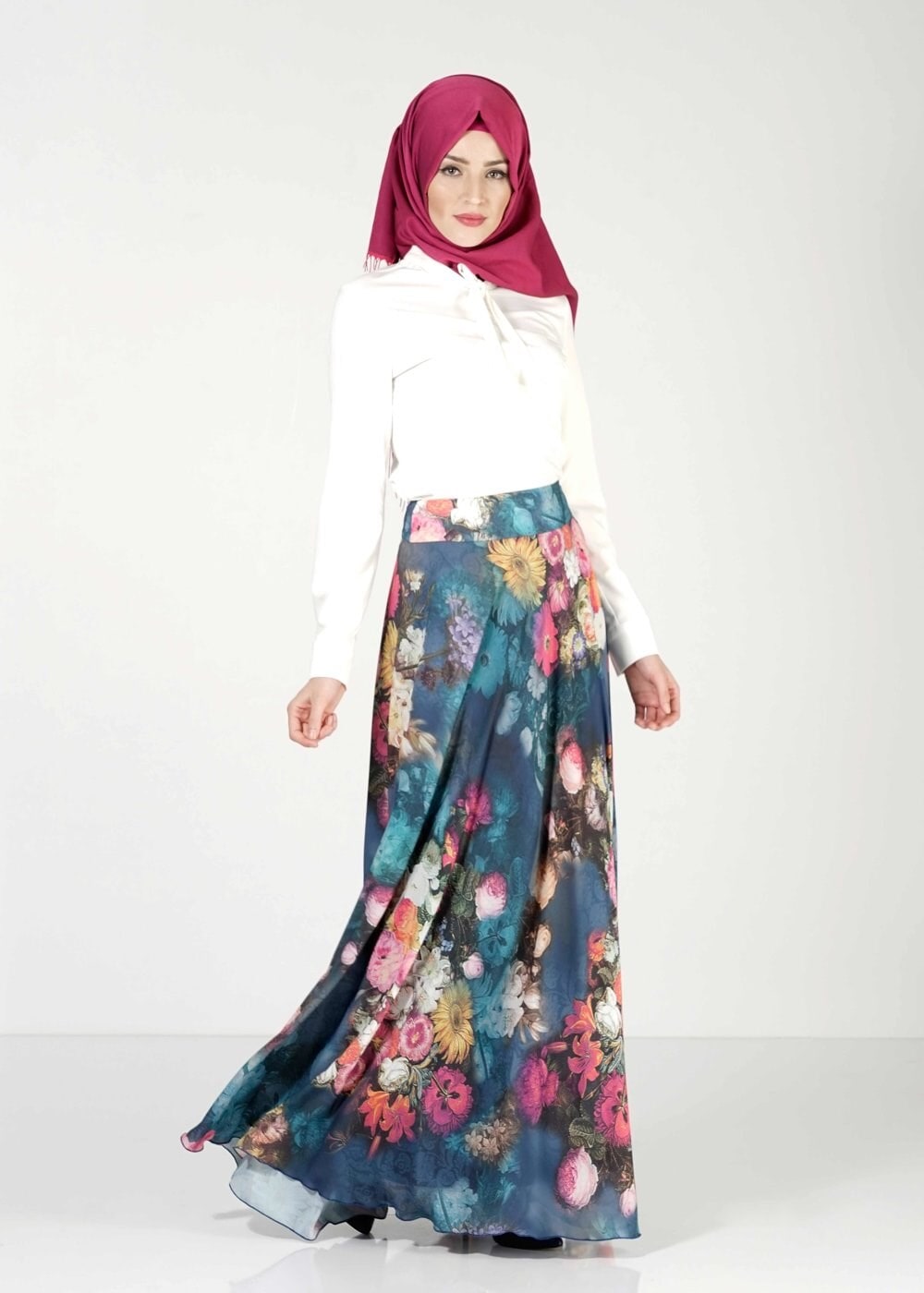 Tesettür giyim LACİVERT ÇİÇEKLİ ETEK 6766 