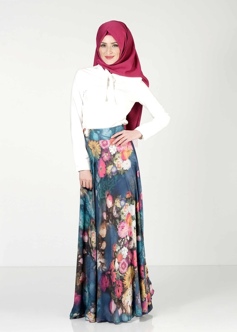 Tesettür giyim LACİVERT ÇİÇEKLİ ETEK 6766 