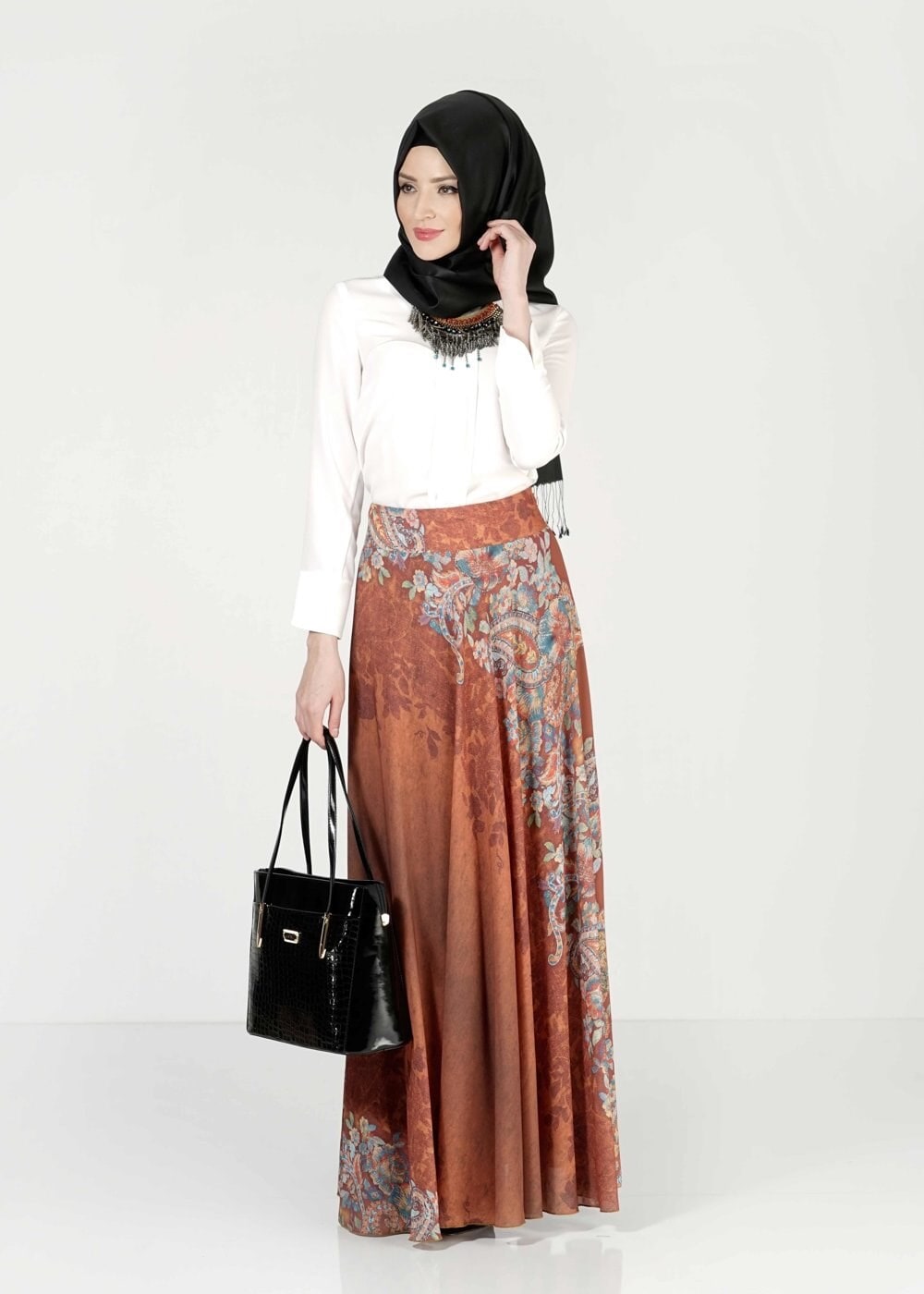 Tesettür giyim TABA ÇİÇEKLİ ETEK 6767 