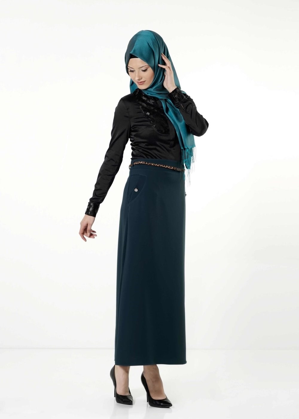 Tesettür giyim MAVİ DÜĞME DETAYLI ETEK 6768