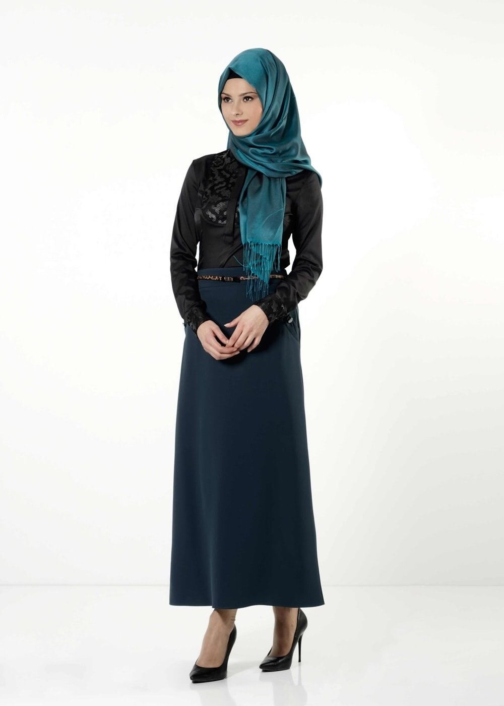 Tesettür giyim MAVİ DÜĞME DETAYLI ETEK 6768