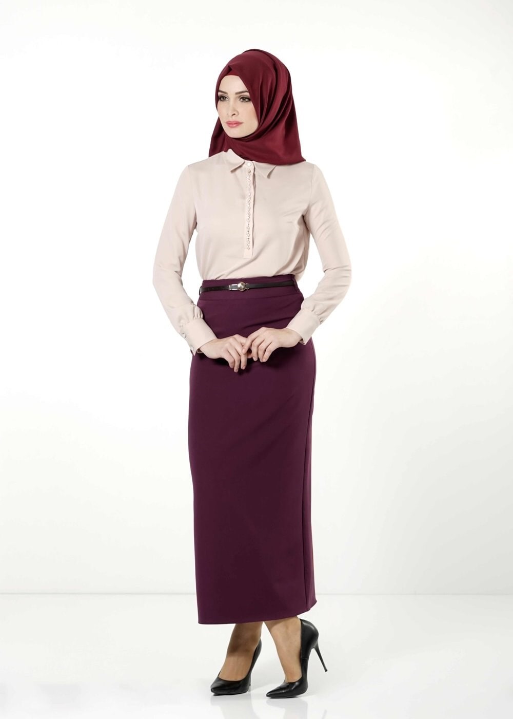 Tesettür giyim BORDO DÜZ KESİM ETEK 6770 