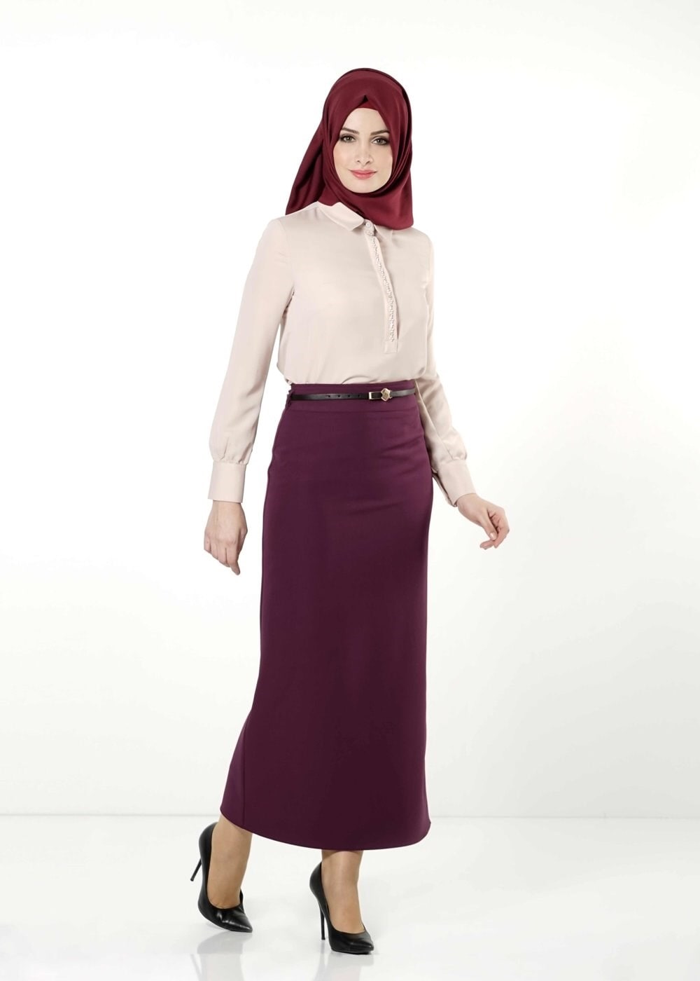 Tesettür giyim BORDO DÜZ KESİM ETEK 6770 
