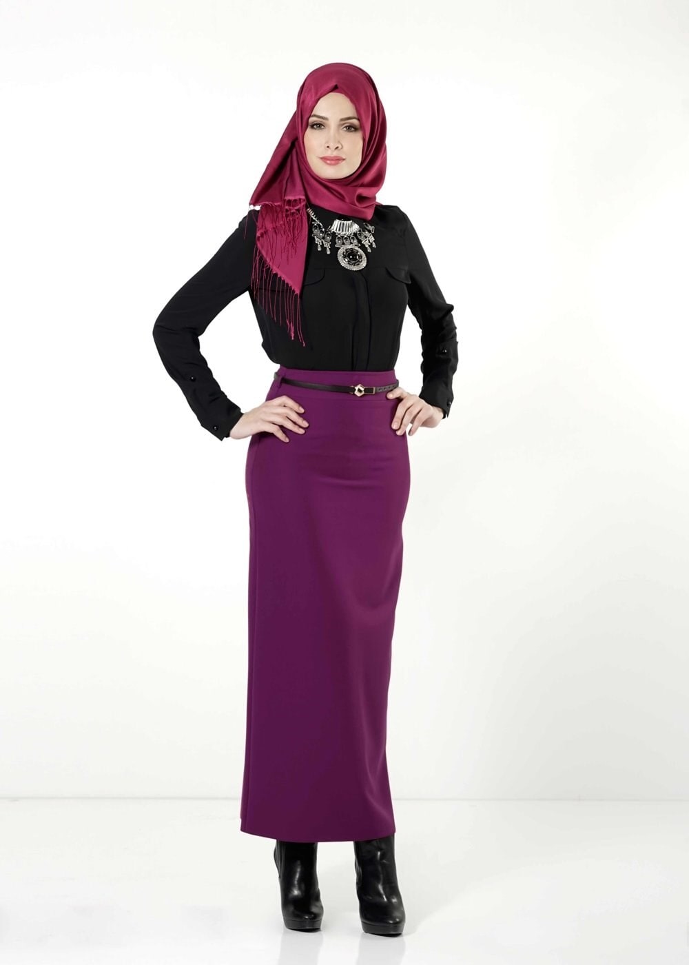 Tesettür giyim MOR DÜZ KESİM ETEK 6770 
