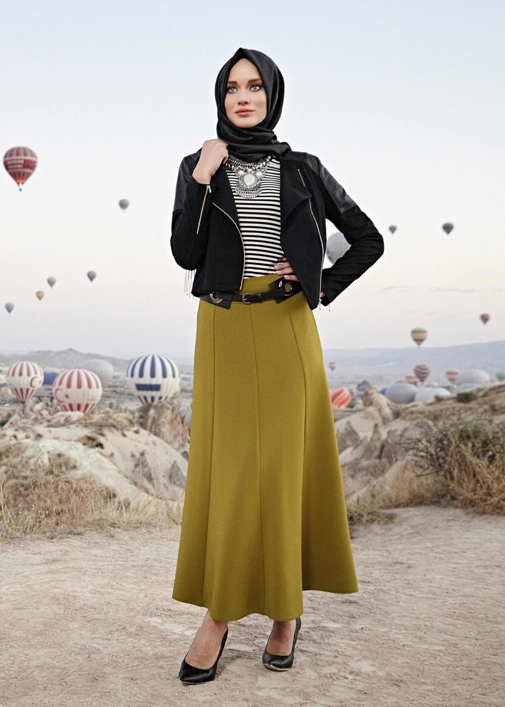 Tesettür giyim YEŞİL PARÇALI ETEK 6773 