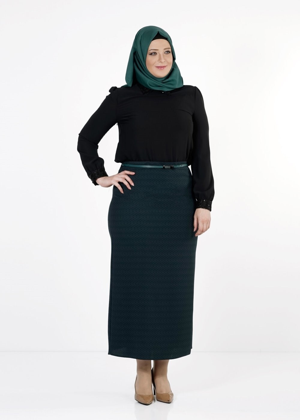 Tesettür giyim YEŞİL DÜZ KESİM ETEK 6779 