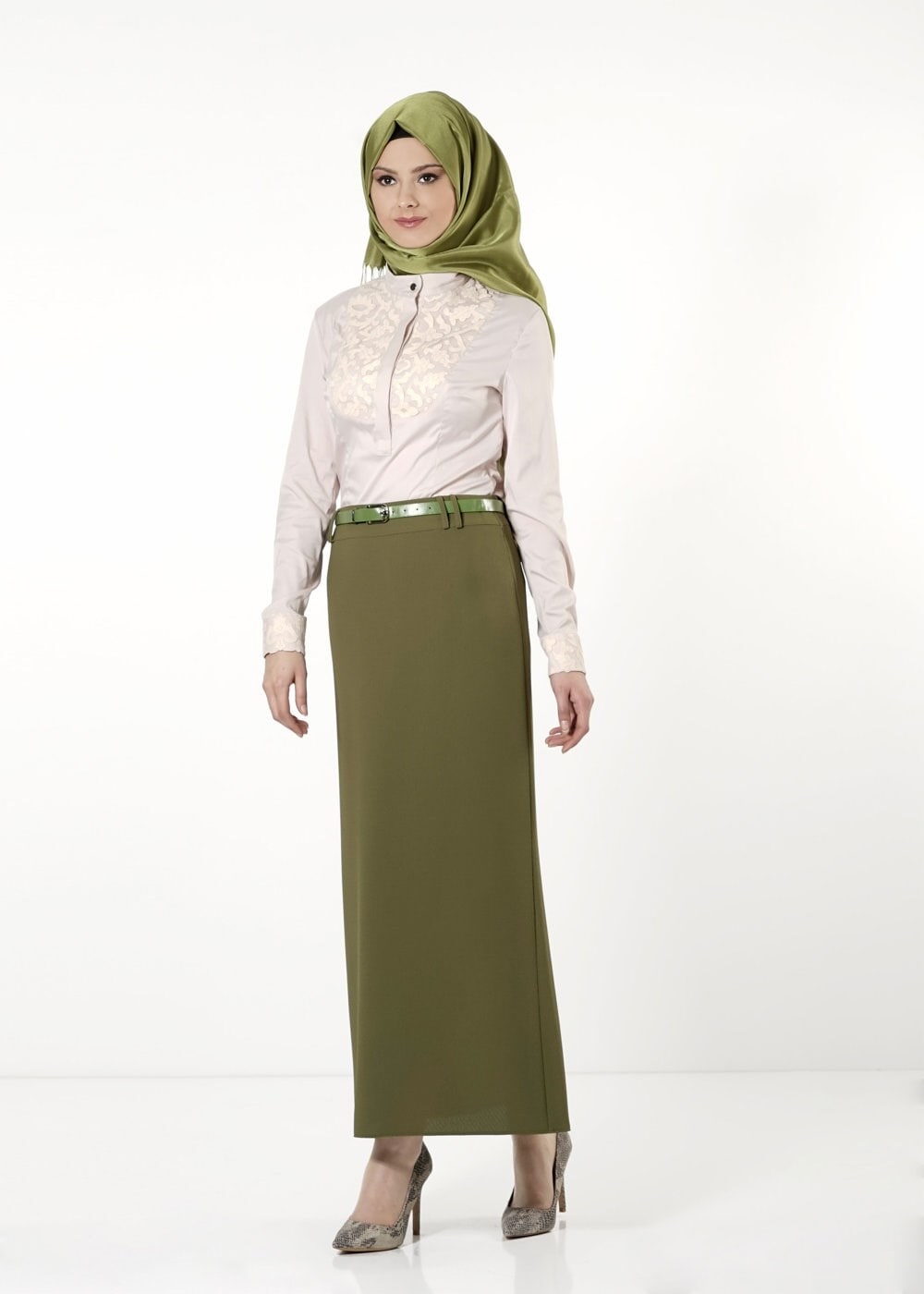 Tesettür giyim YEŞİL KALEM ETEK 6780 