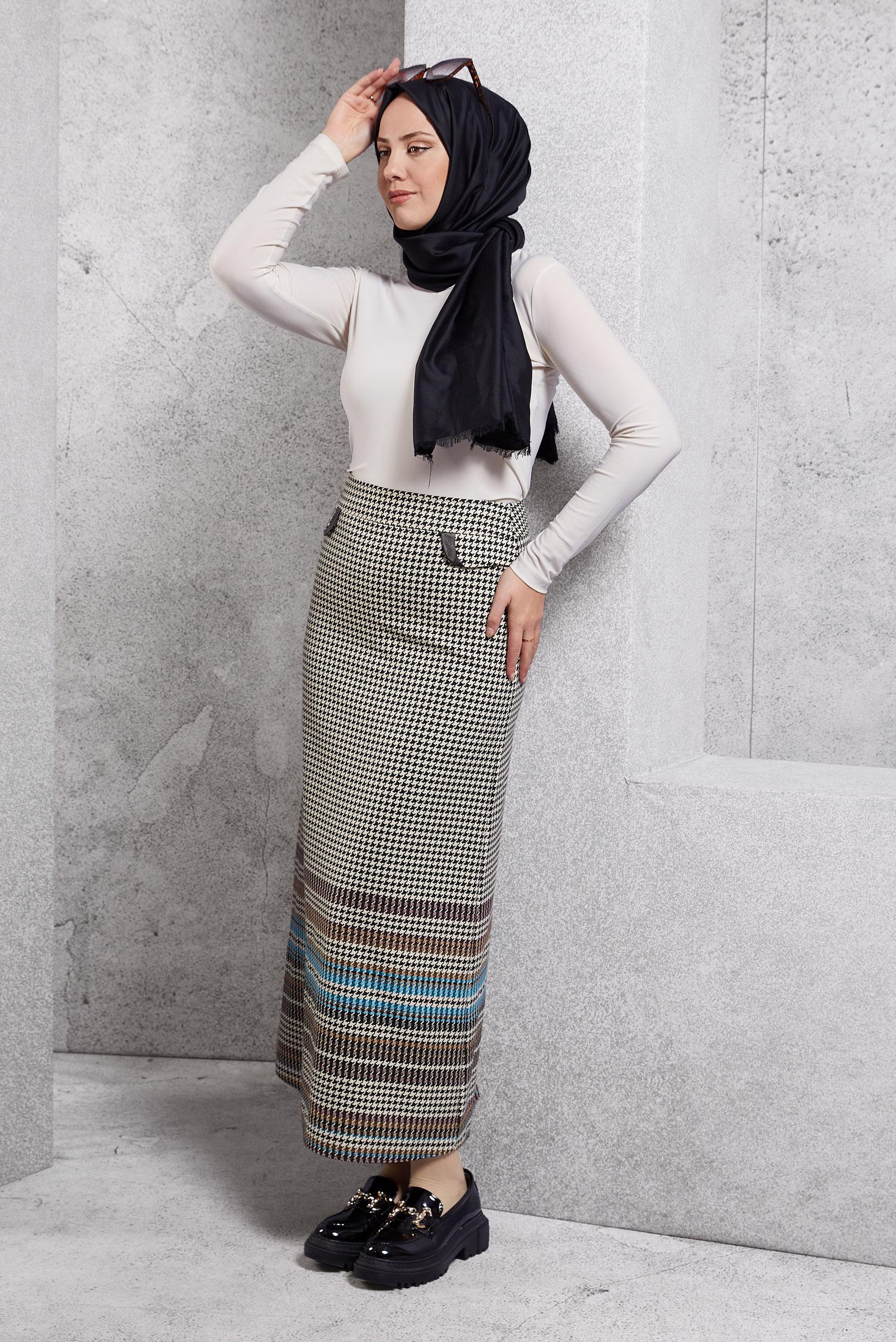 Tesettür giyim BEJ KAZAYAĞI DESENLİ ETEK 6782