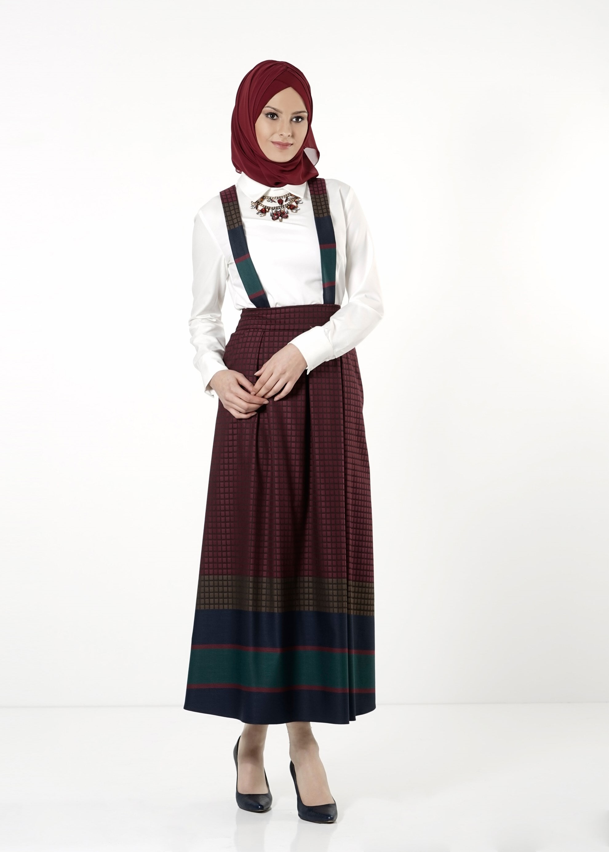 Tesettür giyim BORDO DESENLİ ASKILI ETEK 6783 