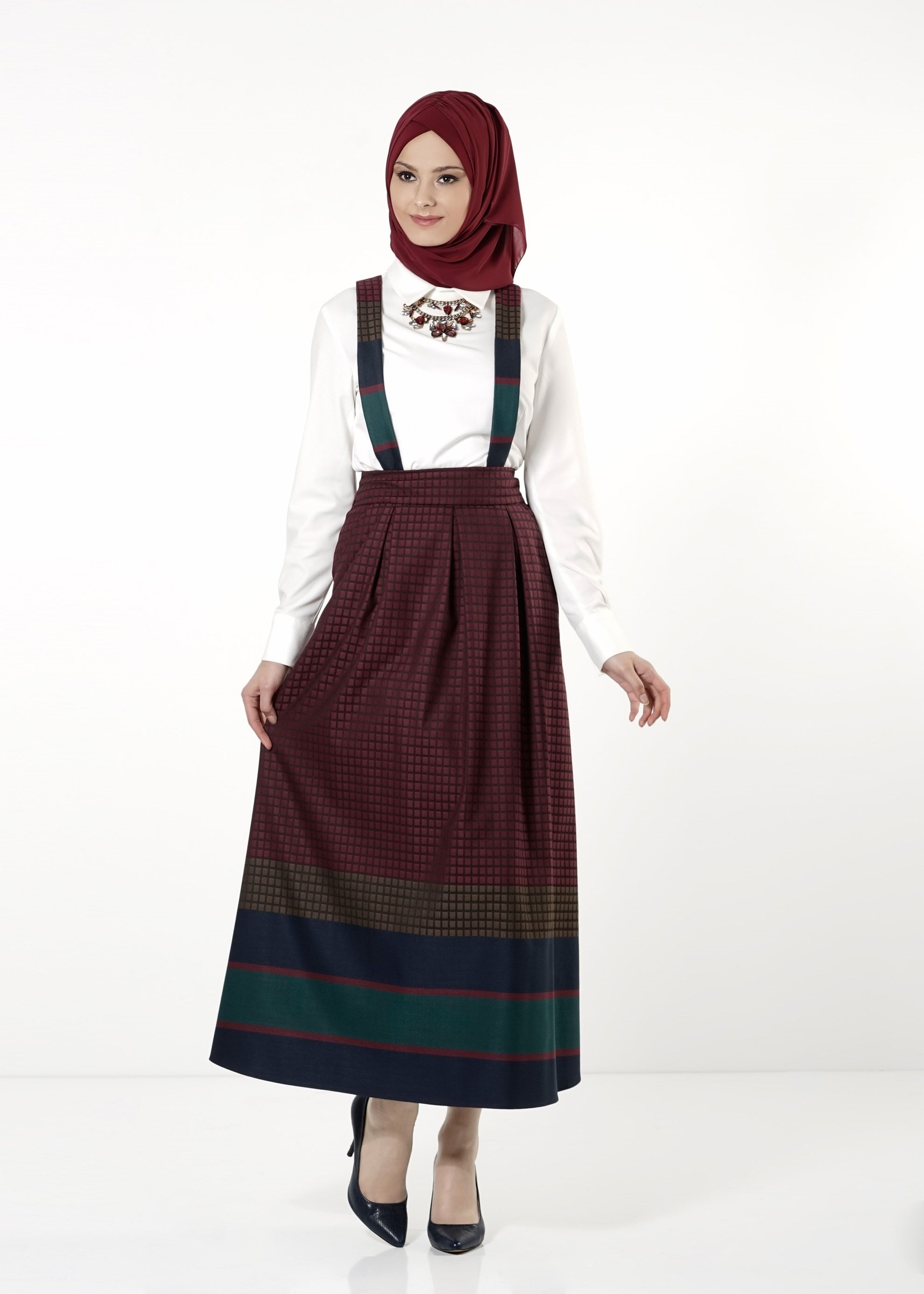 Tesettür giyim BORDO DESENLİ ASKILI ETEK 6783 