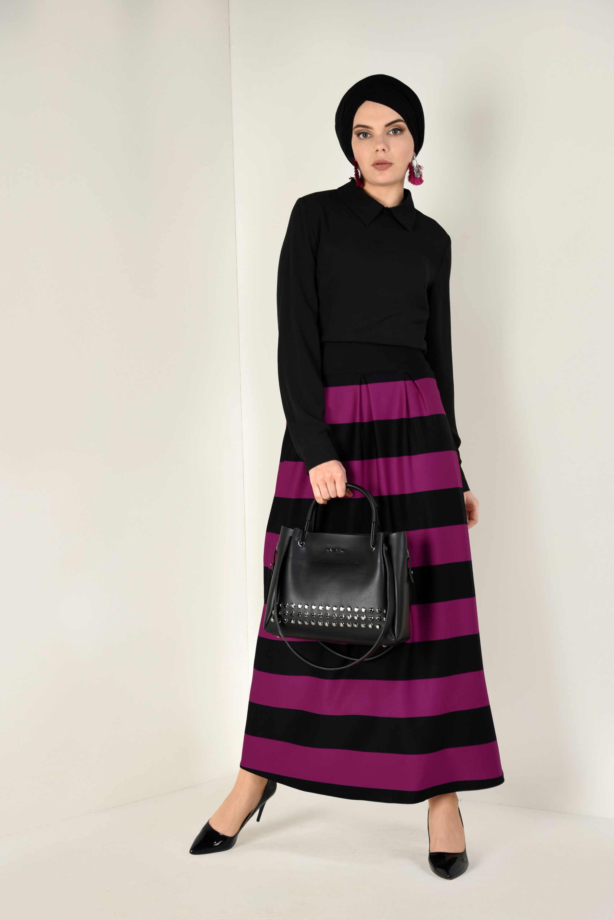 Tesettür giyim FUŞYA ŞERİTLİ ETEK 6785 