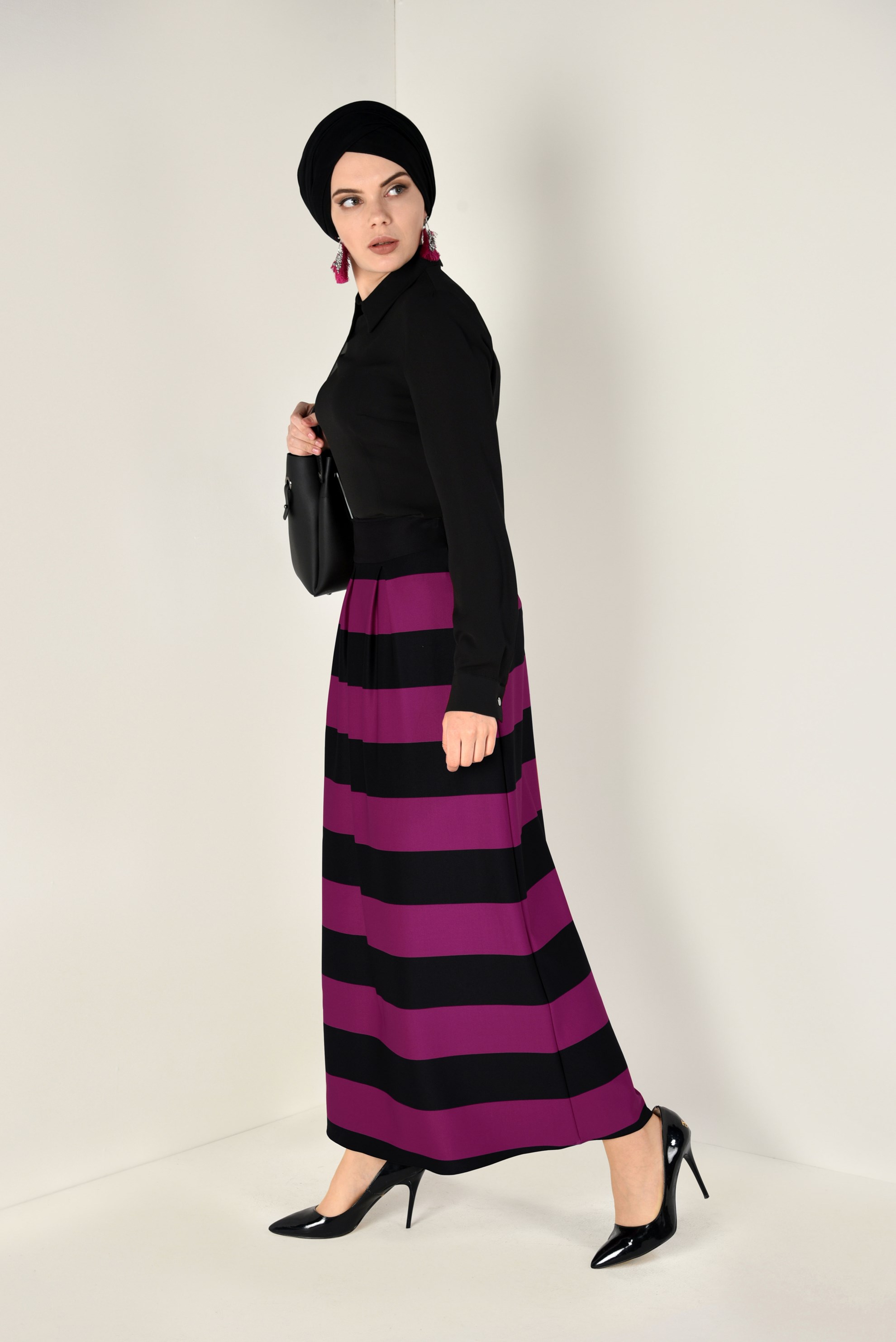 Tesettür giyim FUŞYA ŞERİTLİ ETEK 6785 