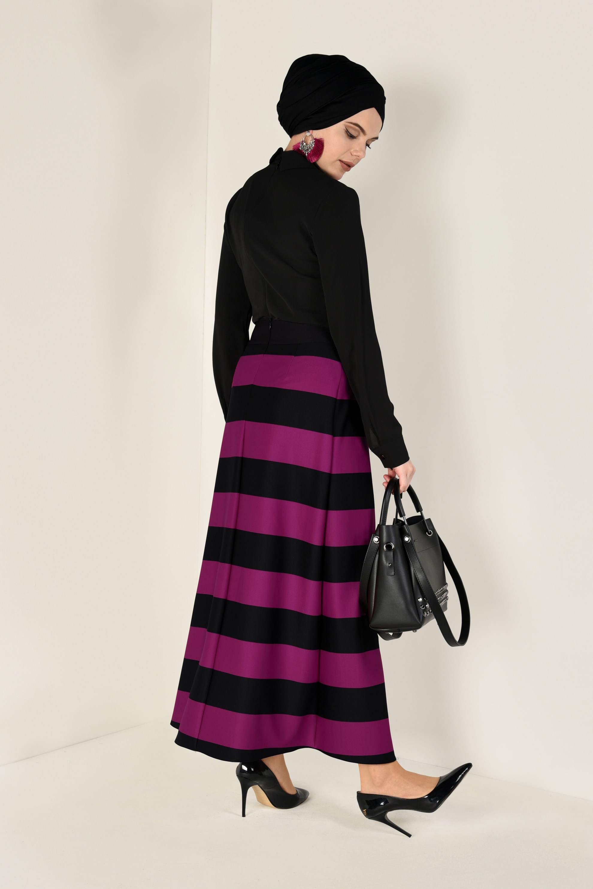Tesettür giyim FUŞYA ŞERİTLİ ETEK 6785 
